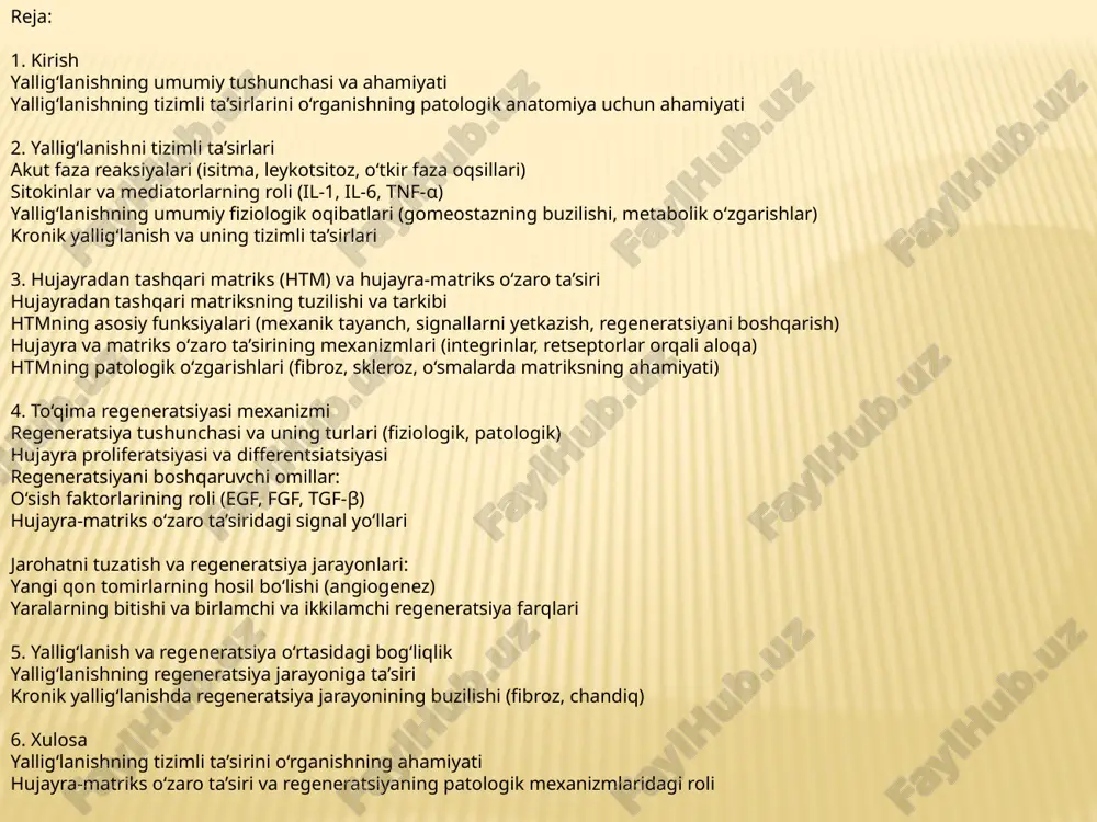 asi va ahamiyati: yallig‘lanish - organizmning turli xil zararli omillarga (infektsiya, shikastlanish, toksinlar) qarshi javob reaksiyasidir. bu jarayon himoya mexanizmlarining faollashuvi va organizm gomeostazini tiklashga qaratilgan. yallig‘lanish tizimli ta’sir ko‘rsatishi, organlar va to‘qimalarning funksiyasiga ta’sir qilishi mumkin, bu esa patologik anatomiya nuqtai nazaridan muhim hisoblanadi. yallig‘lanishni tizimli ta’sirlari 1. akut faza reaksiyalari: isitma: pirogenlar (il-1, il-6, tnf-α) gipotalamusdagi termoregulyatsiya markaziga ta’sir qilib, tana haroratini oshiradi. bu mikroorganizmlarning ko‘payishini cheklaydi va immunitetni faollashtiradi. leykotsitoz: qon aylanishida leykotsitlar soni ko‘payadi, bu esa infeksiyaga qarshi kurashda muhim. o‘tkir faza oqsillari: jigar tomonidan ishlab chiqariladigan oqsillar (crp, saa) yallig‘lanish zonasida himoya rolini o‘ynaydi. 2. sitokinlar va mediatorlarning roli: il-1, il-6 va tnf-α kabi sitokinlar yallig‘lanish jarayonining asosiy boshqaruvchilari bo‘lib, hujayralarni faollashtiradi va gomeostatik jarayonlarni boshqaradi. vazodilatatsiya, qondagi oqsillarning chiqarilishi va og‘riq reseptorlarining faollashuvi kuzatiladi. 3. yallig‘lanishning umumiy fiziologik oqibatlari: metabolik o‘zgarishlar: energiyaga bo‘lgan talab oshadi, oqsillar katabolizmi faollashadi. immunitetning faollashuvi: limfotsitlar va fagotsitlarning ko‘payishi. …