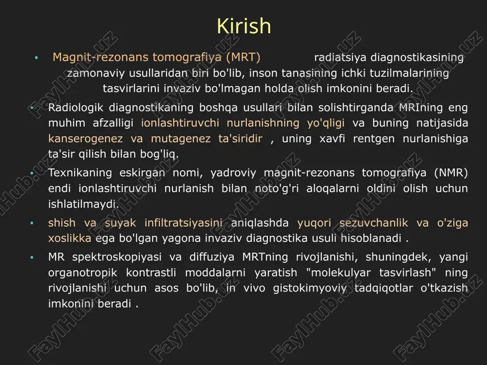 aniqlash murakkab moddalarning kimyoviy tarkibini tahlil qilish imkonini berdi. mrtning jismoniy printsipi 1973 yilda amerikalik olim p.lauterbur signalning fazoviy lokalizatsiyasi uchun yadro magnit rezonansi hodisasini o'zgaruvchan magnit maydon ta'siri bilan to'ldirishni taklif qildi. o'sha paytda kompyuter tomografiyasida foydalanilgan tasvirni qayta tiklash protokoli yordamida u tirik mavjudotning birinchi mr tasvirini olishga muvaffaq bo'ldi. keyingi yillarda mri bir qator sifatli o'zgarishlarni boshdan kechirdi va hozirgi vaqtda radiologik diagnostikaning eng murakkab va xilma-xil usuliga aylandi. mri printsipi inson tanasidagi har qanday yadrodan signal olish imkonini beradi, ammo eng katta klinik ahamiyatga ega bo'lgan suyuqlik va yog'ning bir qismi bo'lgan protonlarning taqsimlanishini baholash (bu yumshoq to'qimalarning yuqori kontrastini belgilaydi). usuli). 2003 yilda p. lauterbur va p. mansfild (50 msda 1 ta tasvirni olish qobiliyatiga ega o'ta tezkor mri yaratuvchisi) fiziologiya yoki tibbiyot bo'yicha nobel mukofotiga sazovor bo'ldi. bugungi kunda dunyoda 25 mingdan ortiq mri skanerlari mavjud bo'lib, kuniga jami yarim milliondan ortiq tadqiqot o'tkaziladi …