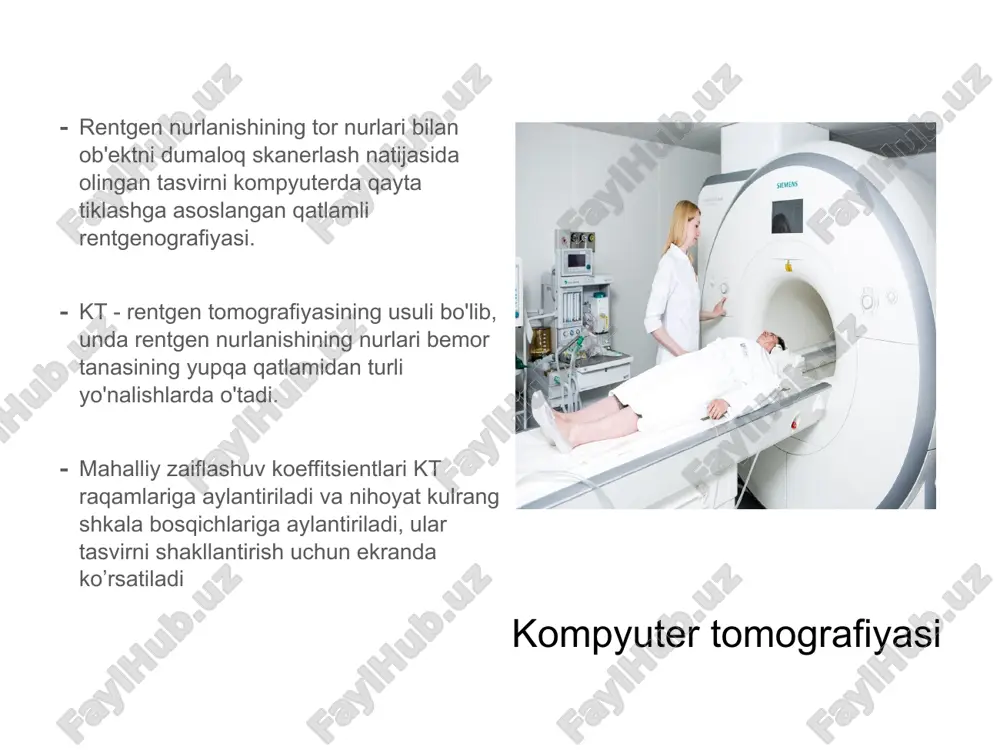xsus detektorlar tizimi tomonidan aylantiriladi va natijada tasvir paydo bo'ladi. rentgen trubka bemorning atrofida 360°to'liq aylantirib turli burchaklarida tasvirga oladi. natijada barcha detektorlardan kelgan signallar kompyuter xotirasiga kiritiladi, keyin kompyuterda qayta ishlash yordamida tekis tasvir yaratiladi. bir kesma olgandan so'ng, ular bemorning stolini 0,3-10 mm ("qadam" da) – tadqiqot vazifalariga qarab, keyingi bosqichga o'tadi. keyingi ko'rik uchun stolni ko'chirish uchun zarur bo'lgan ma'lum vaqt (5-15 soniya) talab etiladi. shuning uchun, bu kt systems ham "qadam-baqadam" deb ataladi . 1 – rentgen trubkasi, 2 – rentgen nuri chiqadigan, 3 - tadqiqot ob'ekt, 4 – nurlarni qabul qiluvchi detektorlar. suvning zichligi nol belgisi uchun - 0 hu. havoning zichligi -1000 hu, suyak zichligi + 1000 hu. inson tanasining qolgan to'qimalari har hil zichliklarda belgilangan. barcha zichlik zonalari ekranda bir vaqtning o'zidaaniq ko'rsatilmasligi sababli, tadqiqot davomida shifokor "haunsfild" shkalasi bo'yicha "oyna" deb nomlangan ma'lum bir rejimni tanlaydi. rejalashtirilgan tekshiruv zonasiga va mo'ljallangan patologiyaga …