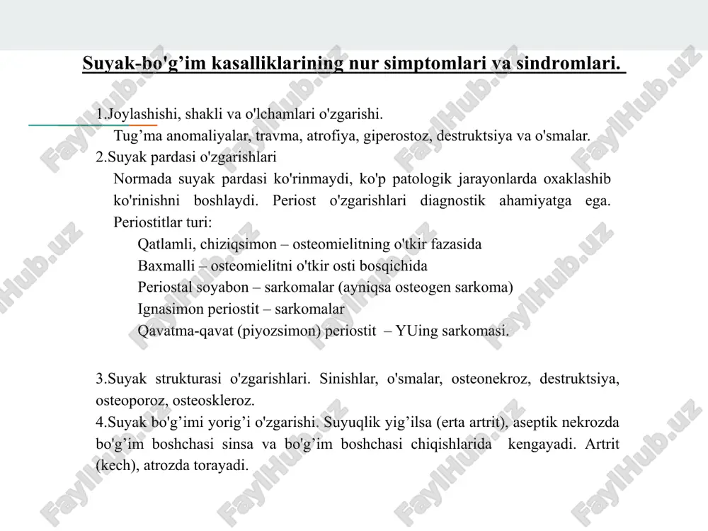 irga, yot tanachalar topilishi, gaz gangrenasi rivojlanishi mumkin kalla, bo'g’im, umurtqa suyaklari sinishda qo'shimcha kompyuter tomografiya. agar sinish belgilari rentgenda yaxshi kurinmasa radioizotop tekshiruv qilib issiq o'choq topish mumkin, agar sinmagan bo'lsa radioaktiv modda boshqa suyaklar qatori yig’iladi. suyak bitish asoratlari: 1.travmatik osteomielit. 2.soxta bo'g’im (belgilari: sinish chizig’i, suyak kanali bitishi va suyakning chetida kortikal qavat paydo bo'lishi. 3.suyak qadogi sekin paydo bo'lishi. suyak qadogi paydo bo'lish fazalari: 1 dekada – biriktiruvchi to'qima 2 dekada – osteoid to'qima (rentgenda ko'rinmaydi) 3 dekada – suyak to'qimasi , oxaklashgan qadoq(r ko'rin suyak sinishlar suyak sili. klinikasi: sekin kechadi, o'tkir bo'lmaydi ko'pincha epifiz soxasida joylashi va bo'g’imga o'tib ketishi mumkin, periostal qoplamlar bo'lmaydi, reparativ jarayonlar ham past bo'ladi. suyakda sil granulomasi hosil bo'ladi bu rentgenogrammada oqarish o'chog’ini hosil qiladi. yaxshi kechsa: bu granuloma fibroz yoki suyak to'qimasi bilan almashinishi mumkin. yaxshi kechmasa: destruktsiya o’choqlari ko'payadi va jarayon bo'g’imga o'tib ketadi – tuberkulez artriti …