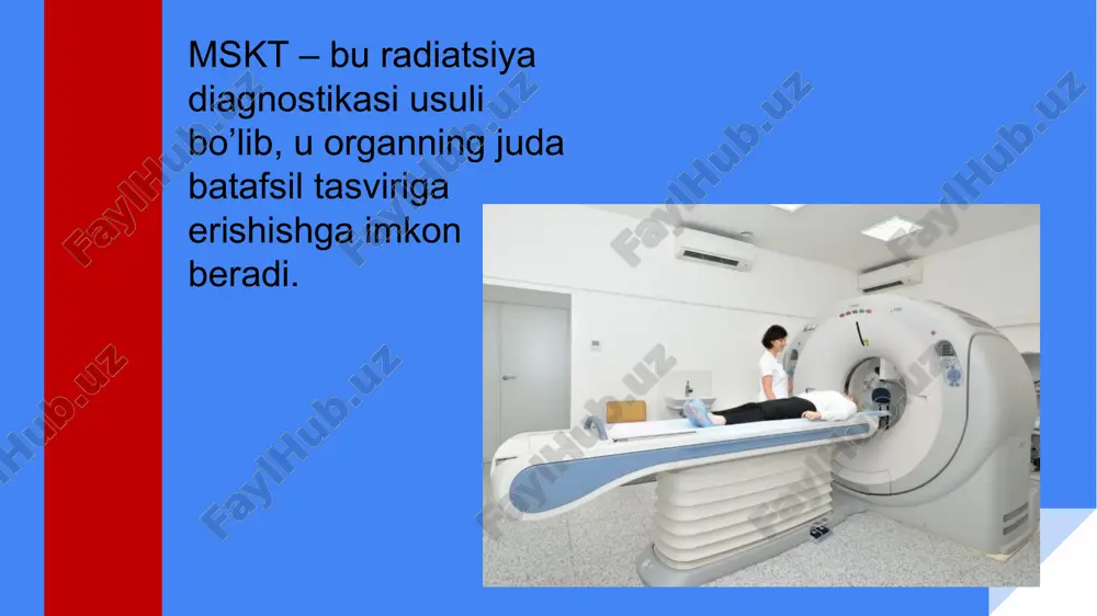 un afzal qilingan usul hisoblanadi, chunki batafsil vizualizatsiya o'simta mavjudligini, uning hajmini, aniq joylashishini va yaqin atrofdagi to'qimalarga kirib borish darajasini aniqlashga imkon beradi. miya tomirlarining kt angiografiyasi 10 msct - qon tomirlari, buyrak etishmovchiligi va hatto o'limga olib kelishi mumkin bo'lgan qon tomir kasalliklarini aniqlash imkonini beruvchi diagnostika usuli. msct ko'pincha o'pka tromboemboliyasini, shuningdek, qorin aortasi anevrizmasini va ichki organlarda qon ketishini tashxislash uchun ishlatiladi. msct sizga shikastlanganda o'pka, yurak va qon tomirlari, jigar, taloq, buyraklar yoki boshqa ichki organlarning shikastlanishini tezda aniqlash imkonini beradi. msct maqsadli biopsiya yoki xo'ppozni drenajlash yoki o'smalarni davolashning minimal invaziv usullariga imkon beradi. msktga qarshi ko’rsatmalar: homiladorlik. mskt potentsial kamroq radiatsiya ta’siriga ega bo’lsa ham, homila uchun xavf tug’diradi. xafv qay darajaligini tadqiqotchilar hali ham aytish qiyin. 14 yoshgacha bo’lgan bolalar. bolalar bilan ishlashda mskt usuli bilan tashxis qo’yish tajribasi juda kamligi sababli bu qo’shimcha xavf to’g’dirishi mumkin. adekvat fikrlash va voqelikni idrok …