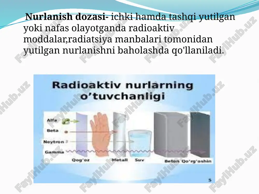 lib, radionuklid va rfplar yordamida a`zo va tuzilmalardagi patologik jarayonlarni aniklash usulidir. radionuklid tekshirish usullari bemorning organizmiga yuborilgan rfp nurlarini o‘lchash va qayd qilish yoki biologik namunalarni radiometriya qilish printsipiga asoslangan. shuning uchun radionuklid yoki rfp qo‘llab organizmda moddalar almashinuvini, a`zo va tuzilmalar faoliyatini, qon va limfaning tomirlarda oqish tezligini hamda gazlar almashuvini, sekretorekskretor jarayonlarni o‘rganishda, a`zo va tuzilmalarning anatomotopografik tasvirini olishda qo‘llaniladi. radionuklid tekshirishlar organizmga radionuklid yuborib (in vivo) va yubormasdan (in vitro) o‘tkaziladi. organizmga radionuklid yuborib bajarilgan tekshirishda tekshirilayotgan bemor (patsient) nurlanadi, lekin nurlanish miqdori juda kam, ya`ni bir marta rentgenogramma qilganda oladigan miqdorga teng. shuning uchun klinik amaliyotda radionuklid tashhisni chegaralashga asos yo‘q. ion hosil qiluvchi nurlarga alfa-, beta- zarrachalar, rentgen nurlari, gamma nurlari, proton, neytron, pozitronlar va b. kiradi. ularning asosiy xususiyatlari: modda, to‘qimalar ichiga chuqur kirish, undan o‘tish va ionizasiya qilish. har bir nur o‘zining paydo bo‘lishi, energiyasi va to‘lqin uzunligiga qarab turli xususiyatga ega. …