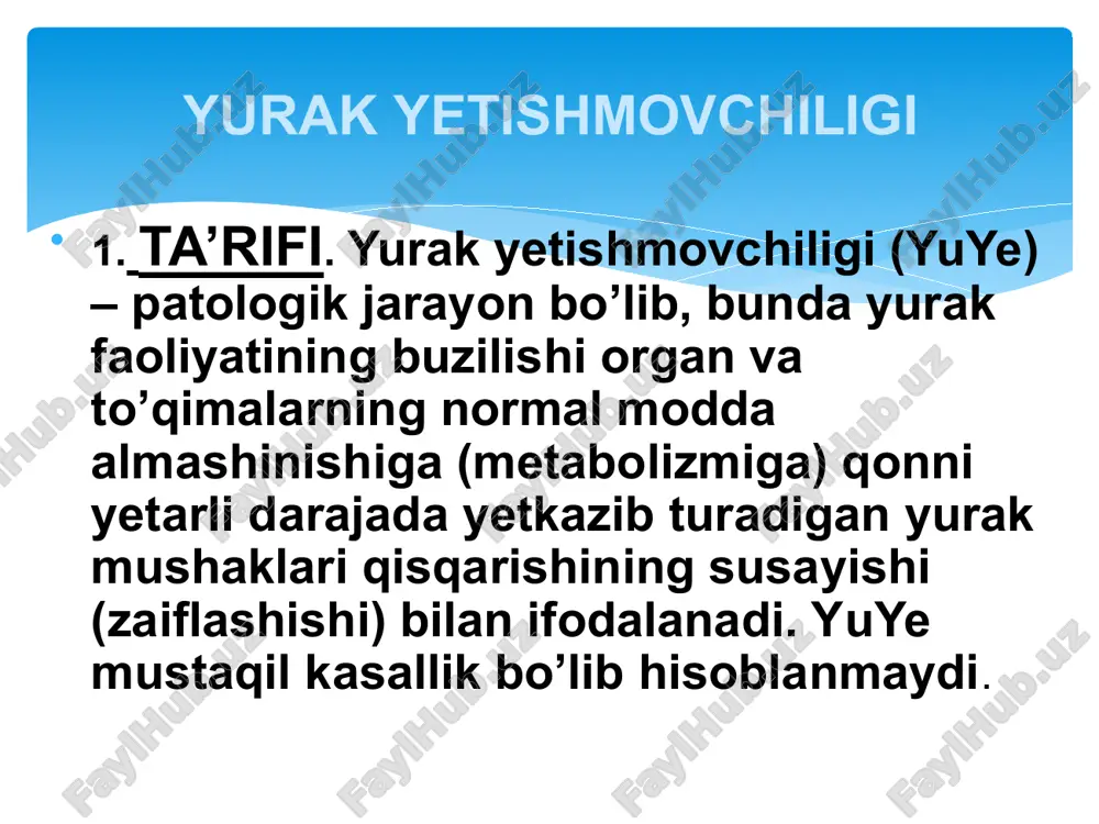 ishi natijasida yuzaga keladigan dimlanish va gipoksiya yuyega olib keladi va rivojlantiradi. (2) “yurakning qon chiqarish yetishmovchiligi” nazariyasi asosida miokard shikastlanishi tufayli qon daqiqalik hajmining, ya’ni bir daqiqada yurak chiqargan qon miqdori kamayishi yotadi. patogenezi (davomi) yuye etiologiyasi, klinik kechishi va rivojlanishiga qarab farqlanadi. (a) etiologiyasi bo’yicha: (1) kichik va katta qon aylanish doirasida qon bosimining ko’tarilishi: mitral stenoz, aorta stenozi, uch tabaqali qopqoq yetishmovchiligi; (2) yurak bo’lmachalari va qorinchalarida qon hajmining ortishi – yurak nuqsonlarida: mitral qopqoq va yarim oysimon qopqoq yetishmovchiligi; (3) miokardning birlamchi zararlanishi: miokarditlar, kardiomiopatiyalar. 6. tasnifi. (1) o’tkir yurak yetishmovchiligi; (2) surunkali yurak yetishmovchiligi; (3) chap qorincha yetishmovchiligi; (4) o’ng qorincha yetishmovchiligi; (5) total yetishmovchilik. (b) klinik kechishi bo’yicha: a) chap qorincha dilyatasiyasi natijasida chegara chapga siljigan. b) o’ng qorincha dilyatasiyasi natijasida epigastral pulsasiya aniqlanadi. v) o’ng qorincha rivojlangan dilyatasiyasi natijasida chegara o’pka gipertenziyasida ikkinchi tonning kuchayishi (a) va ikkilanishi (b). 12 nomedikamentoz davo: 1.osh …