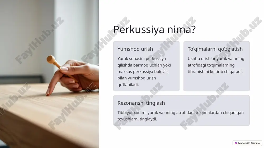 perkussiya qilish va meditatsiya 1 tayyorgarlik meditatsiya uchun qulay joy tanlang va tinchlantiruvchi musiqa yoqing. 2 perkussiya qilish yurak sohasiga yumshoq va ritmik ravishda urish amalga oshiring. 3 chuqur nafas olish perkussiya qilish vaqtda chuqur va sekin nafas oling. 4 tinchlanish perkussiya va meditatsiya orqali tanangiz va fikringizni tinchlantiring. 7 yurak sohasini perkussiya qilish va kayfiyat ijtimoiy kayfiyat yurak sohasini perkussiya qilish ijtimoiy kayfiyatni koʻtarishga va odamlar bilan muloqot qilishni oʻzgartirishga yordam beradi. ijodiylik ushbu amaliyot ijodiylikni oshirishi va yangi fikrlarni tugʻdirishga yordam beradi. umumiy farovonlik yurak sohasini perkussiya qilish umumiy farovonlikni yaxshilash va hayotga boʻlgan munosabatni oʻzgartirishga yordam beradi. 8 yurak sohasini perkussiya qilishda ehtiyot choralari 1 kuchli bosim perkussiya qilishda kuchli bosimdan saqlaning. 2 shikastlangan joylar agar sizda yurak sohasida shikastlangan joylar boʻlsa, perkussiya qilmang. 3 tibbiy maslahat har qanday tibbiy muammo boʻlsa, shifokor bilan maslahatlashing. 9 yurak sohasini perkussiya qilishdan foydalanish boʻyicha yakuniy maslahatlar doimiylik yurak sohasini …
