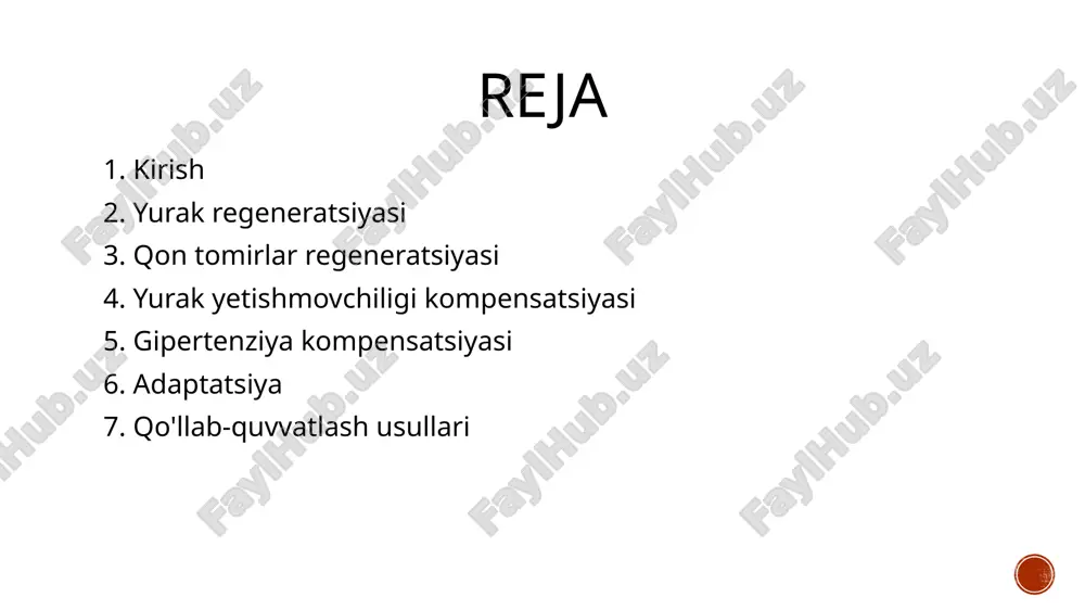 trategiyalar, masalan, o‘sish omillari va gen terapiyasi yordamida, ishemik kasalliklarni davolashda qo‘llaniladi. yurak yetishmovchiligida kompensator mexanizmlar yurak yetishmovchiligi yurakning qonni yetarli darajada hayday olmasligi bilan xarakterlanadi. bu holatda organizm bir qator kompensator mexanizmlarni ishga tushiradi. bularga yurak mushaklarining gipertrofiyasi (kattalashishi), qon aylanish hajmining oshishi va simpatik nerv tizimining faollashuvi kiradi. ushbu mexanizmlar dastlab yurak funksiyasini saqlab turishga yordam beradi, ammo uzoq muddatda yurakning holatini yomonlashtirishi mumkin. arterial gipertenziyada kompensator jarayonlar arterial gipertenziya (yuqori qon bosimi) yurak-qon tomir tizimiga katta yuklamani qo‘yadi. uzoq muddat davom etgan gipertenziya yurak mushaklarining gipertrofiyasiga olib keladi, bu esa yurakning kompensator imkoniyatlarini oshiradi. biroq, gipertrofiya natijasida yurakning diastolik funksiyasi buzilishi mumkin, bu esa yurak yetishmovchiligiga olib keladi. gipertenziyani davolash va qon bosimini nazorat qilish kompensator mexanizmlarning salbiy oqibatlarini kamaytirishga yordam beradi. yurak-qon tomir kasalliklarida adaptatsiya yurak-qon tomir kasalliklarida organizm adaptatsiya mexanizmlari orqali o‘zini moslashtirishga harakat qiladi. adaptatsiya jarayonlari yurakning funktsional imkoniyatlarini saqlab turishga qaratilgan. biroq, adaptatsiya …