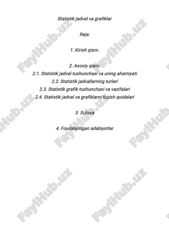 ali usullar orqali ma’lumotlar nafaqat mutaxassislar, balki oddiy fuqarolar uchun ham tushunarli bo‘ladi. shu nuqtai nazardan, statistik jadval va grafiklar masalasi nafaqat nazariy, balki amaliy ahamiyatga ham ega. ularni to‘g‘ri tuzish va talqin qilish har bir o‘quvchi, talabalar, ilmiy izlanish olib boruvchi tadqiqotchilar hamda boshqaruv organlari xodimlari uchun zarur kompetensiyalardan biridir. mazkur mavzuni o‘rganish natijasida statistik ma’lumotlar bilan ishlash madaniyati shakllanadi, tahlil qilish, taqqoslash va xulosalash ko‘nikmalari rivojlanadi. asosiy qism: 2.1. statistik jadval — bu statistik ma’lumotlarni tartibli ravishda satr (qator) va ustun (ustuncha) shaklida joylashtirib ko‘rsatadigan ko‘rgazmali ifodalash vositasidir. jadval orqali statistik ko‘rsatkichlar o‘zaro solishtiriladi, guruhlanadi va ularning o‘zgarish miqyosini aniqlash mumkin bo‘ladi. jadvalning asosiy vazifasi ma’lumotlarni tizimli, qisqa va tushunarli shaklga keltirishdan iborat. statistik jadvalning tuzilishi: har bir statistik jadval odatda quyidagi qismlardan tashkil topadi: 1. jadval sarlavhasi — jadval nima haqida ekanini aniq ifodalaydi. 2. satrlar — tahlil qilinayotgan obyekt yoki guruhlar. 3. ustunlar — ko‘rsatkichlarning nomi, …