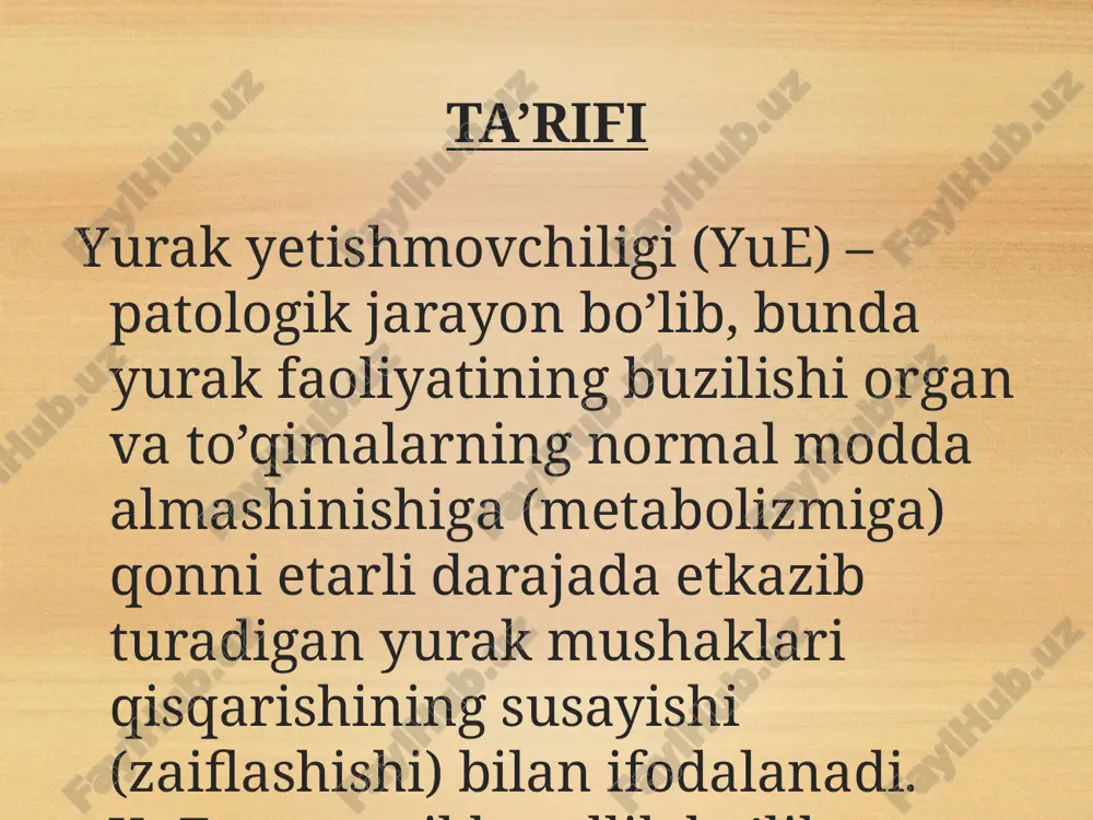 irasida qon bosimining ko’tarilishi: mitral stenoz, aorta stenozi, uch tabaqali qopqoq yetishmovchiligi; (2) yurak bo’lmachalari va qorinchalarida qon hajmining ortishi – yurak nuqsonlarida: mitral qopqoq va yarim oysimon qopqoq yetishmovchiligi; (3) miokardning birlamchi zararlanishi: miokarditlar, kardiomiopatiyalar. tasnifi klinik kechishi bo’yicha: (1) o’tkir yurak yetishmovchiligi; (2) surunkali yurak yetishmovchiligi; (3) chap qorincha yetishmovchiligi; (4) o’ng qorincha yetishmovchiligi; (5) total etishmovchilik. i – boshlang’ich (yashirin) bosqich: faqat jismoniy zo’riqishda namoyon bo’ladi; rivojlanishiga ko’ra: (a) ii a – qon aylanishi buzilishining belgilari osoyishtalikda bilinmaydi. gemodinamika buzilishlari yurakning chap yoki o’ng qorinchalari yetishmovchiligi bilan ifodalanadi; (b) ii b – qon aylanishi buzilishining ko’rsatkichlari ifodalangan, ular kichik va katta qon aylanish doiralarida og’ir kechadi; ii bosqich ikki darajaga bo’linadi: a va b organ va to’qimalar tuzilishida yaqqol ko’rinadigan, qaytmas distrofik o’zgarishlar vujudga keladi iii – distrofik bosqich: a) chap qorincha dilatatsiyasi natijasida chegara chapga siljigan. b) ung qorincha dilatatsiyasi natijasida epigastral pulsatsiya aniqlanadi. v) ung …