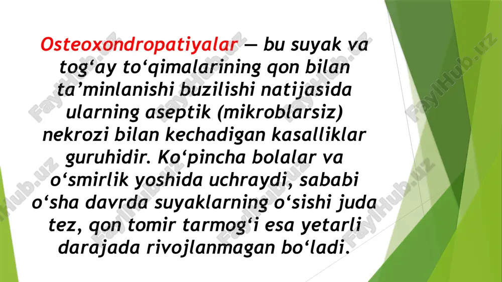 lliy shish yoki bo‘rtma shikastlangan joyda yumshoq to‘qimalar shishishi 3. yurishning o‘zgarishi oqsoqlanish (ayniqsa son va oyoqdan kelgan og‘riqda) 4. harakat chegaralanishi bo‘g‘im harakatlari cheklanadi (kuchsiz, noaniq og‘riq bilan) 5. mushak atrofiyasi og‘riq tufayli faol harakat kamayishi → mushaklar ingichkalashadi 6. palpatsiyada og‘riqlilik tegilganda yoki bosilganda og‘riq seziladi umumiy diagnostik yondashuv 1) anamnez 2) fizik tekshiruv lokal og‘riq va palpatsiyada sezuvchanlik harakat chegaralanishi 3) rentgenografiya (asosiy diagnostik usul) eng muhim va yetarli bo‘lgan usul 2 proyeksiyada: frontal + lateral 4) mrt dastlabki bosqichlarda ishemik o‘zgarishlarni ko‘rsatadi 5) kt suyak deformatsiyasi va fragmentatsiyasini aniq baholash uchun 6) uzi bo‘g‘im ichidagi suyuqlik va yumshoq to‘qimalar holati uchun laborator testlar normal bo‘ladi (chunki yiringli jarayon yo‘q) asosiy davolash tamoyillari 1) yuklamani cheklash shikastlangan joyni mexanik tinchlikda saqlash. 2) ortopedik moslamalar perthes: gipsli bandaj, ortoz, abduksiya shinasi. osgud–shlatter / sever: tovon yostiqchasi, tizza fiksatori. 3) dori-darmon bolalarda d vitamini + kaltsiy tavsiya qilinishi mumkin. …