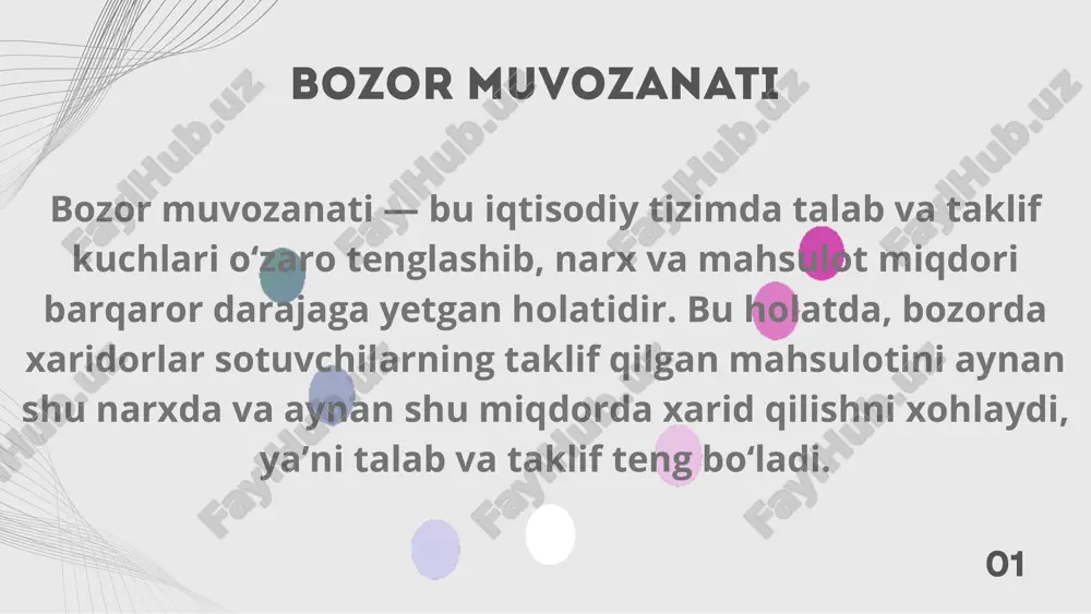 kin. 3.erkin kirish va chiqish bozorga yangi sotuvchilar erkin kirishi va istalgan vaqtda chiqib ketishi mumkin bo‘lishi kerak. bu yangi raqobatchilar paydo bo‘lishini va narxlarning adolatli bo‘lishini ta’minlaydi. 4.mahsulotlar homojenligi bozorga chiqarilgan mahsulotlar bir-biriga o‘xshash, ya’ni sifat va ko‘rinish jihatidan bir xil bo‘lishi zarur. bu xaridorlarga narx bo‘yicha taqqoslashni osonlashtiradi.04 5.bozor ishtirokchilari raqobatda erkin bo‘lishi. sotuvchilar yoki xaridorlar bir-birining narxlariga sun’iy ta’sir o‘tkazmasligi kerak. masalan, narxlarni kelishib pasaytirish yoki ko‘tarish bozor muvozanatini buzadi. 6.bozor sharoitlarining barqarorligi. narxlar va talab-taklif sharoitlari juda tez-tez va katta o‘zgarishlarga uchramasligi kerak, aks holda bozorda tartibsizlik yuzaga keladi. 7.narxlarning moslashuvchanligi. narxlar talab va taklifga qarab tezda o‘zgarishi kerak. agar narxlar moslashmasa, talab va taklif muvozanatiga erishish qiyinlashadi. 05 06 louis vuitton louis vuitton — dunyodagi eng mashhur va qadrlangan luks brendlardan biridir. u o‘zining yuqori sifatli charm buyumlari, moda kiyimlari, zargarlik va parfumlari bilan tanilgan. brend 1854-yilda louis vuitton tomonidan fransiyada asos solingan. qiziqarli fakt! …