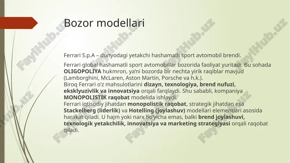 shuni ko‘rsatadiki, ferrari bozorda barqaror talabga ega va so‘nggi yillarda o‘sish tendensiyasi kuzatilgan. https://www.ferrari.com/en-en/corporate/articles/2022-full-year-and-fourth-quarter-financial-results? taklifi ferrari bozorda o‘z mahsulotlarini cheklangan miqdorda, lekin yuqori sifatda taklif etadi. har yili taxminan 13–14 ming dona avtomobil ishlab chiqaradi. kompaniya ataylab bozor talabidan kamroq ishlab chiqarib, brendning noyobligini va yuqori narxini saqlaydi. ferrari taklifi: asosan premium sport avtomobillar va gibrid modellardan iborat; har bir mashina individual tarzda yaratiladi (“tailor made” dasturi orqali); ishlab chiqarish hajmi oshirilmaydi, chunki maqsad — sifat va eksklyuzivlikni ta’minlash. xulosa: ferrari taklifi – bu cheklangan, ammo yuqori qiymatli mahsulotlar orqali bozorga yuqori darajadagi sifatni taqdim etish strategiyasidir. ishlab chiqarish xarajatlari ferrari ishlab chiqarish xarajatlarini (“cost of sales”) yuqori sifatli materiallar, texnologiya va qo‘l mehnatiga asoslangan jarayonlar orqali boshqaradi. bu xarajatlarga xom ashyo va ehtiyot qismlar, ish haqi, amortizatsiya, transport va kafolat xizmatlari, hamda innovatsion tadqiqot va sinov ishlari kiradi. kompaniya o‘z mahsulotlarini cheklangan miqdorda ishlab chiqargani uchun umumiy xarajatlar hajmi …