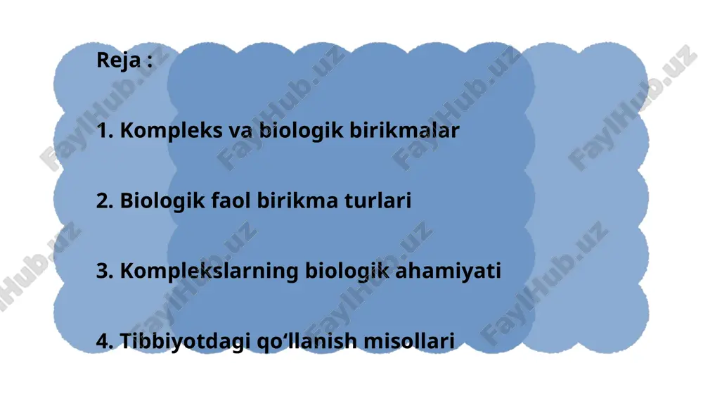 tlar tarkibida bo‘lib, katalitik markaz vazifasini bajaradi. masalan, karbonik angidraza fermenti tarkibidagi zn²⁺ ioni co₂ almashinuvini tezlashtiradi. hujayra faoliyatiga ta’siri ko‘plab komplekslar hujayra ichidagi moddalar almashinuvi, energiya hosil bo‘lishi va toksinlarni zararsizlantirishda ishtirok etadi. masalan, metall-enzimlar oksidlanish-qaytarilish jarayonlarida, gem kompleksi esa kislorod tashishda beqiyos rol o‘ynaydi. 4. tibbiyotdagi qo‘llanish misollari diagnostikadagi qo‘llanish ba’zi kompleks birikmalar laboratoriya diagnostikasida ishlatiladi. masalan: edta (etilendiamintetraatsetat) — qon tahlillarida kalsiy ionlarini bog‘lab, ivishni oldini oladi; radiokomplekslar — organlar faoliyatini kuzatishda qo‘llanadi. davolashdagi qo‘llanish komplekslar dori sifatida ham muhim o‘rin tutadi. masalan: sisplatin — o‘simta hujayralarini yo‘q qiladi; temir komplekslari — anemiya (kamqonlik)da ishlatiladi; rux va mis komplekslari — immunitetni mustahkamlaydi. xulosa: kompleks birikmalar va biologik faol moddalarning o‘zaro bog‘liqligi tibbiy kimyo fanining asosiy yo‘nalishlaridan biridir. ular organizmda muhim jarayonlarni boshqaradi va tibbiyotda keng qo‘llanadi. raximova odinaxon 111 guruh e'tiboringiz uchun raxmat image1.png image3.png image5.png image7.png image9.png image11.png image13.png image15.png image17.jpeg image18.jpeg image19.jpeg image20.png image21.png image22.svg …
