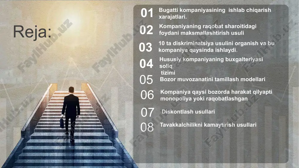 un’iy tanqislik (scarcity) yaratadi va talabni yuqori darajada ushlab turadi. natijada har bir avtomobil yuqori narxda sotiladi, bu esa foyda marjasini oshiradi. 2. brend qadri va hashamat segmentida joylashuv bugatti o‘zini “hashamatli superavtomobil” sifatida namoyon etadi. brend obro‘si tufayli mijozlar narxga emas, sifat va nufuzga e’tibor berishadi. bu kompaniyaga yuqori narx siyosatini saqlab qolish imkonini beradi. bozor segmentatsiyasi va pozitsiyalash bugatti o‘zini ultra-luxury sport avtomobillar ishlab chiqaruvchi sifatida joylashtiradi. asosiy mijozlari — yuqori daromadli elita, kolleksionerlar va brend obro‘siga e’tibor beruvchi shaxslar. narx raqobati yo‘q — xaridor uchun “eng tezkor”, “eng qimmat”, “eng hasamli” brend imidji muhimroq. 🧩 natija: talab elastik emas (ya’ni narx oshsa ham talab kamaymaydi), bu esa foydani maksimallashtirish imkonini beradi. yuqori narx siyosati (premium pricing) bugatti narxlarini ishlab chiqarish tannarxidan ancha yuqori belgilaydi. har bir avtomobilga yuqori qo‘shimcha qiymat (added value) yaratiladi: qo‘lda yig‘ish, individual dizayn, texnologik ustunlik. narx brend obro‘sining bir qismi sifatida ishlaydi. 🧩 …