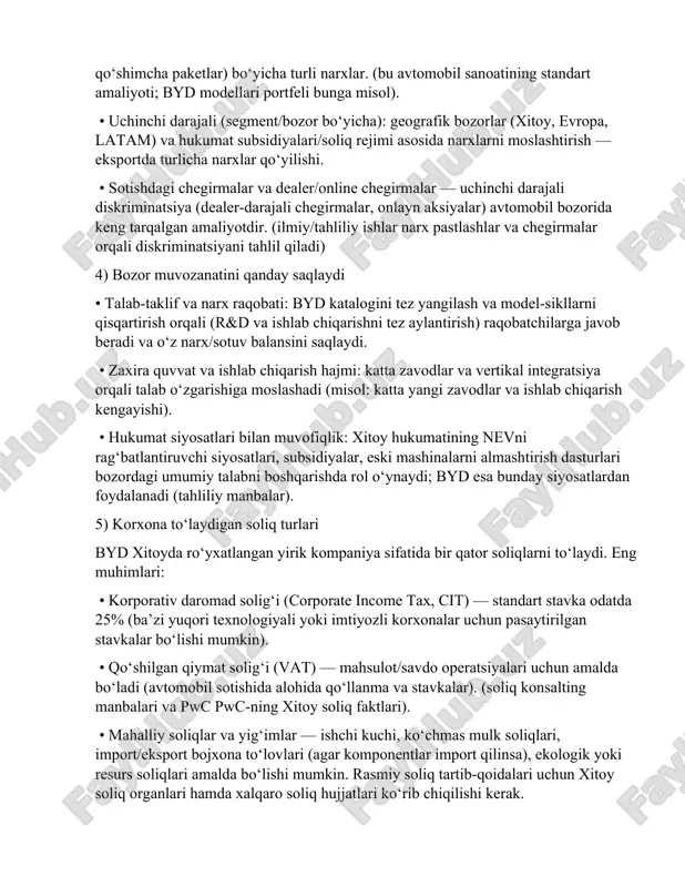 eng tarqalgan narx diskriminatsiyasi turlariga byd ham qo‘llaydigan va tahliliy manbalarda ko‘rsatilgan usullar kiradi: • ikkinchi darajali (model/versiya orqali) — product-line pricing: bir asosiy modelni bir nechta variantlarga bo‘lib, turli konfiguratsiyalar (akseleratsiya, batareya hajmi, qo‘shimcha paketlar) bo‘yicha turli narxlar. (bu avtomobil sanoatining standart amaliyoti; byd modellari portfeli bunga misol). • uchinchi darajali (segment/bozor bo‘yicha): geografik bozorlar (xitoy, evropa, latam) va hukumat subsidiyalari/soliq rejimi asosida narxlarni moslashtirish — eksportda turlicha narxlar qo‘yilishi. • sotishdagi chegirmalar va dealer/online chegirmalar — uchinchi darajali diskriminatsiya (dealer-darajali chegirmalar, onlayn aksiyalar) avtomobil bozorida keng tarqalgan amaliyotdir. (ilmiy/tahliliy ishlar narx pastlashlar va chegirmalar orqali diskriminatsiyani tahlil qiladi) 4) bozor muvozanatini qanday saqlaydi • talab-taklif va narx raqobati: byd katalogini tez yangilash va model-sikllarni qisqartirish orqali (r&d va ishlab chiqarishni tez aylantirish) raqobatchilarga javob beradi va o‘z narx/sotuv balansini saqlaydi. • zaxira quvvat va ishlab chiqarish hajmi: katta zavodlar va vertikal integratsiya orqali talab o‘zgarishiga moslashadi (misol: katta …