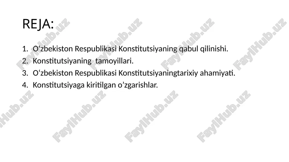adan iborat edi. bu loyiha hali mukammallik darajasidan ancha yiroq edi. uning ustida yanada jiddiyroq va talabchanlik bilan ishlash zarur edi. 1992-yil bahorida esa loyihaning 149 - moddadan iborat ikkinchi varianti ishlab chiqildi. o‘zbekiston respublikasi konstitutsiyaning qabul qilinishi. 1992-yil 26-sentyabrda o‘zbekiston respublikasining konstitutsiyasi loyihasi umumxalq muhokamasi uchun matbuotda e’lon qilindi. muhokama 2 oycha davom etdi. muhokama jarayonida bildirilgan takliflar asosida tuzatishlar kiritilgan loyiha 1992-yil 26- noyabrda matbuotda ikkinchi marta e’lon qilindi. umumxalq muhokamasi davrida 6 mingdan ortiq taklif va mulohazalar bildirildi, ular inobatga olindi. birinchi prezident islom karimov o‘zbekiston konstitutsiyasini ishlab chiqishga rahbarlik qildi va o‘zining katta hissasini qo‘shdi. o‘zbekiston respublikasi konstitutsiyaning qabul qilinishi. unda mamlakatning asosiy qonunini qabul qilish masalasini muhokama qildi. sessiyada deputatlar loyihaga 80 ga yaqin o‘zgartirish, qo‘shimcha va aniqliklar kiritdilar. shunday qilib, shu kuni o‘zbekiston respublikasi oliy kengashining xi sessiyasi «o‘zbekiston respublikasining konstitutsiyasini qabul qilish to‘g‘risida», «o‘zbekiston respublikasining konstitutsiyasi qabul qilingan kunni umumxalq bayrami deb e’lon …