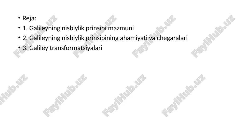damning qo‘liga tushadi. endi kema dengizda tekis va bir xil tezlikda harakatlanayotgan bo‘lsin. odam yana to‘pni yuqoriga otadi — to‘p yana o‘sha odamning qo‘liga tushadi, go‘yo kema umuman harakatlanmagandek. demak, odam kema ichida tajribani bajarish orqali kema harakatlanayotganini aniqlay olmaydi. shu sababli harakatning mutlaq (absolyut) turg‘unlik holati mavjud emas, balki harakat nisbiydir, ya’ni boshqa jismlarga nisbatan baholanadi. 2. galileyning nisbiylik prinsipining ahamiyati va chegaralari galileyning nisbiylik prinsipi klassik fizikaning eng muhim poydevorlaridan biridir. u mexanik hodisalar harakatda bo‘lishi yoki tinch turishi natijaga ta’sir qilmasligini, tabiat qonunlari barcha inersial sistemalarda bir xil amal qilishini isbotlaydi. shu prinsip yordamida butun nyuton mexanikasi shakllangan. 1. galileyning nisbiylik prinsipining ahamiyati a) klassik mexanikaga asos bo‘ldi galileyning nisbiylik prinsipi nyuton mexanikasining asosiy tayanchi hisoblanadi. nyutonning inertsiyaning qonuni (tashqi kuch bo‘lmasa, jism tinch holatini yoki tekis to‘g‘ri chiziqli harakatini saqlaydi) aynan shu prinsipga to‘liq mos keladi. bu shuni anglatadiki, nyuton qonunlari barcha inersial sanoq sistemalarida bir …