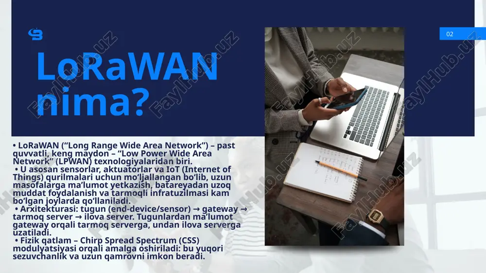 rawan da tugunlar uchta sinfga bo‘linadi: class a, b, c — har biri turli energiya sarfi va aloqa imkoniyatlariga ega. • class a — eng kam energiya sarf qiladi, tugun asosan uplink yuboradi va kichikroq qabul oynasi mavjud. • class b — belgilangan vaqtlarda downlink qabul oynasi ochiladi. • class c — doim tayyor holatda bo‘ladi (lekin quvvat sarfi yuqori). • boshqa tarmoqlarga nisbatan moslashuvchanlik: xususiy tarmoqlar, jamoat tarmoqlar, turli biznes modellar. 06 afzalliklar bilan birga, ilmiy manbaalarda lorawan ning ba’zi cheklovlari ham qayd etilgan. ularni ham e’tiborga olsak, tarmoqli loyihalarni rejalashtirishda yaxshiroq natija chiqadi. • masalan, “a systematic literature review of lorawan” maqolasida lorawan va boshqa lpwan texnologiyalari (nb‑iot, sigfox) bilan solishtiriladi: lorawan batareya sarfi, narxi jihatdan afzalliklarga ega, lekin xizmat sifati (latency, uzatiladigan ma’lumot hajmi) jihatdan nb‑iot dan kamroq bo‘lishi mumkin. • “on lorawan scalability: empirical evaluation …” tadqiqotida interferensiya (bir xil kanal orqali turli tugunlar uzatishi) tufayli …