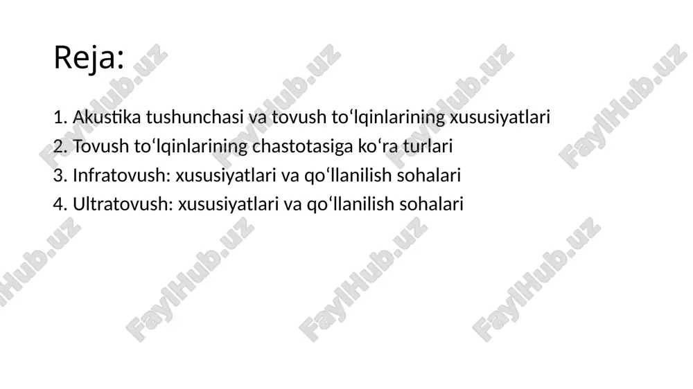 qinlari. eshitilish xususiyati: inson qulog‘i eshita olmaydi. xususiyatlari: to‘lqin uzunligi juda qisqa. muhitda tez so‘nadi, lekin aniqligi yuqori. yaxshi yo‘nalgan va aks sado beruvchi xususiyatga ega. manbalari: yarasalarning, delfinlarning echolokatsiyasi, maxsus ultratovush generatorlari. qo‘llanilishi: tibbiyotda: ultratovush diagnostikasi, organlarni tekshirish (masalan, utt). sanoatda: materiallardagi nuqsonlarni aniqlash, masofa o‘lchash, tozalash. biologiyada: hayvonlarning yo‘nalishni aniqlash tizimlarida. 3. infratovush: xususiyatlari va qo‘llanilish sohalari infratovush — bu chastotasi 20 gerts (hz) dan kichik bo‘lgan tovush to‘lqinlaridir. inson qulog‘i bunday past chastotadagi tebranishlarni eshita olmaydi, biroq kuchli infratovush to‘lqinlari inson tanasi tomonidan bosim yoki titrash tarzida sezilishi mumkin. infratovush to‘lqinlari juda uzun to‘lqin uzunligiga ega bo‘ladi, shu sababli ular katta masofalarga tarqaladi va energiyasi sekin so‘nadi. infratovush tabiiy va sun’iy manbalarda hosil bo‘lishi mumkin. tabiiy manbalar qatoriga zilzila, vulqon portlashi, dengiz to‘lqinlari, shamol va momaqaldiroq kiradi. sun’iy manbalarga esa portlashlar, reaktiv samolyotlar, yirik dvigatellar, sanoat uskunalari hamda shamol turbinalari kiradi. ba’zi hayvonlar, masalan, fillar va kitlar …