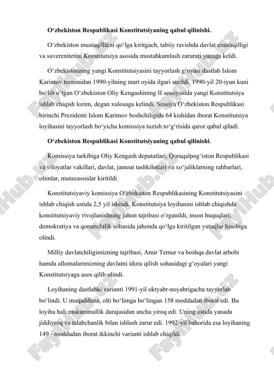 rur edi. 1992-yil bahorida esa loyihaning 149 - moddadan iborat ikkinchi varianti ishlab chiqildi. o‘zbekiston respublikasi konstitutsiyaning qabul qilinishi. 1992-yil 26-sentyabrda o‘zbekiston respublikasining konstitutsiyasi loyihasi umumxalq muhokamasi uchun matbuotda e’lon qilindi. muhokama 2 oycha davom etdi. muhokama jarayonida bildirilgan takliflar asosida tuzatishlar kiritilgan loyiha 1992-yil 26- noyabrda matbuotda ikkinchi marta e’lon qilindi. umumxalq muhokamasi davrida 6 mingdan ortiq taklif va mulohazalar bildirildi, ular inobatga olindi. birinchi prezident islom karimov o‘zbekiston konstitutsiyasini ishlab chiqishga rahbarlik qildi va o‘zining katta hissasini qo‘shdi. unda mamlakatning asosiy qonunini qabul qilish masalasini muhokama qildi. sessiyada deputatlar loyihaga 80 ga yaqin o‘zgartirish, qo‘shimcha va aniqliklar kiritdilar. shunday qilib, shu kuni o‘zbekiston respublikasi oliy kengashining xi sessiyasi «o‘zbekiston respublikasining konstitutsiyasini qabul qilish to‘g‘risida», «o‘zbekiston respublikasining konstitutsiyasi qabul qilingan kunni umumxalq bayrami deb e’lon qilish to‘g‘risida» va «o‘zbekiston respublikasining konstitutsiyasini amalga kiritish tartibi to‘g‘risida»gi qonunlarni qabul qildi. o‘zbekiston respublikasining konstitutsiyasi 6 bo‘lim, 26 bob, 128 moddadan iborat. u …
