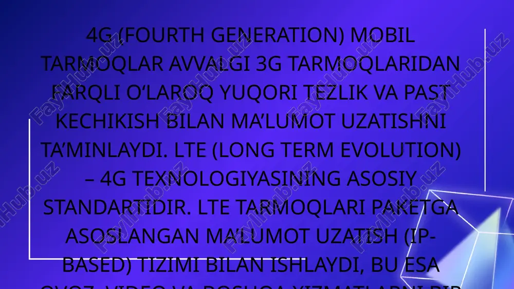 server (hss) • foydalanuvchining profili va xizmatlariga oid ma’lumotlarni saqlaydi. • autentifikatsiya va identifikatsiya funksiyalarini bajaradi. lte tarmog‘ining ishlash prinsipi 1. ue raduga ulanadi va enodeb orqali epc ga signallar yuboradi. 2. mme foydalanuvchini autentifikatsiya qiladi va sessiyani yaratadi. 3. s-gw va p-gw orqali foydalanuvchi ma’lumotlar paketlarini internetga yoki boshqa tarmoqlarga uzatadi. 4. agar foydalanuvchi harakat qilsa, enodeb’lar o‘rtasida seamless handover amalga oshiriladi. bu jarayonlar ip-based arxitektura asosida ishlaydi, ya’ni barcha ma’lumotlar paket shaklida uzatiladi, ovoz ham shu tarzda (volte) ishlaydi. lte tarmog‘ining afzalliklari 1. yuqori tezlik va past kechikish • mobil internet tezligi sezilarli darajada oshadi, onlayn o‘yinlar va video streaming uchun ideal. 2. to‘liq ip bazasida ishlash • ovoz, video va ma’lumotlar yagona tarmoq orqali uzatiladi. • qo‘shimcha tarmoqlar talab qilinmaydi (3gda alohida ovoz kanali mavjud edi). 3. qulay qo‘llab-quvvatlash va kengayish • lte tarmoqlari katta foydalanuvchi sonini qo‘llab-quvvatlaydi. • qo‘shimcha xizmatlar (volte, video conferencing, iot) oson integratsiya …
