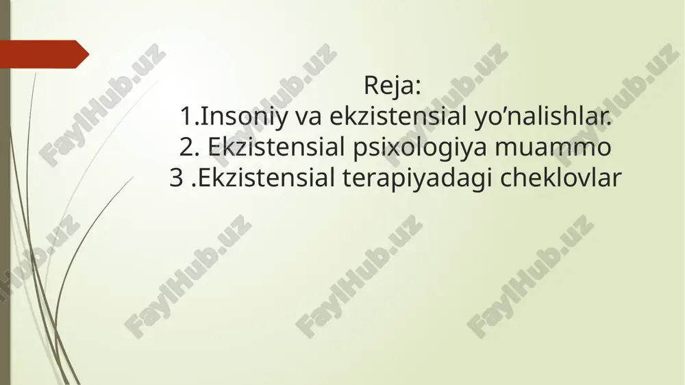 iqdir. shunday qilib, agar biz insonni chinakam tushunishni istasak, avval uning hayoti bilan tanishib chiqishimiz kerak, bu uning dunyo bilan munosabatida namoyon bo'ladi. inson mavjudligining 4 asosiy yo'nalishi mavjud (dunyoda bo'lish): jismoniy, ijtimoiy, psixologik (shaxsiy) va ma'naviy (transpersonal). ushbu o'lchovlarning har birida, odam dunyo bilan "uchrashadi" va uni boshdan kechirar ekan, o'zining asosiy yashash joylarini (munosabatlarini) shakllantiradi. biror kishini tushunish, uning murakkab bio-ijtimoiy-psixo-ruhiy organizm sifatidahayotning ushbu asosiy yo'nalishlarida qanday qilib bir vaqtning o'zida mavjudligini tushunishni anglatadi. ekzistensial terapiyaning yana bir asosiy xususiyati odamni o'zining ichki ontologik xususiyatlari yoki universal ekzistensial omillar nuqtai nazaridan anglash istagi. bular har bir insonning hayotini boshqaradigan omillar. biz insonning 7 ta universal xususiyatlarini ajratamiz: bo'lish hissi; erkinlik, uning cheklanishi va u uchun javobgarlik; insonning oyoq-qo'llari yoki o'limi; ekzistensial tashvish; ekzistensial ayb; o'z vaqtida hayot; ma'nosi va ma'nosizligi. psixoterapiya jarayonida mijozning hayotning ushbu universal sharoitlariga bo'lgan munosabati hisobga olinadi, unda bizning psixologik qiyinchiliklarimiz va muammolarimizning ildizlari …