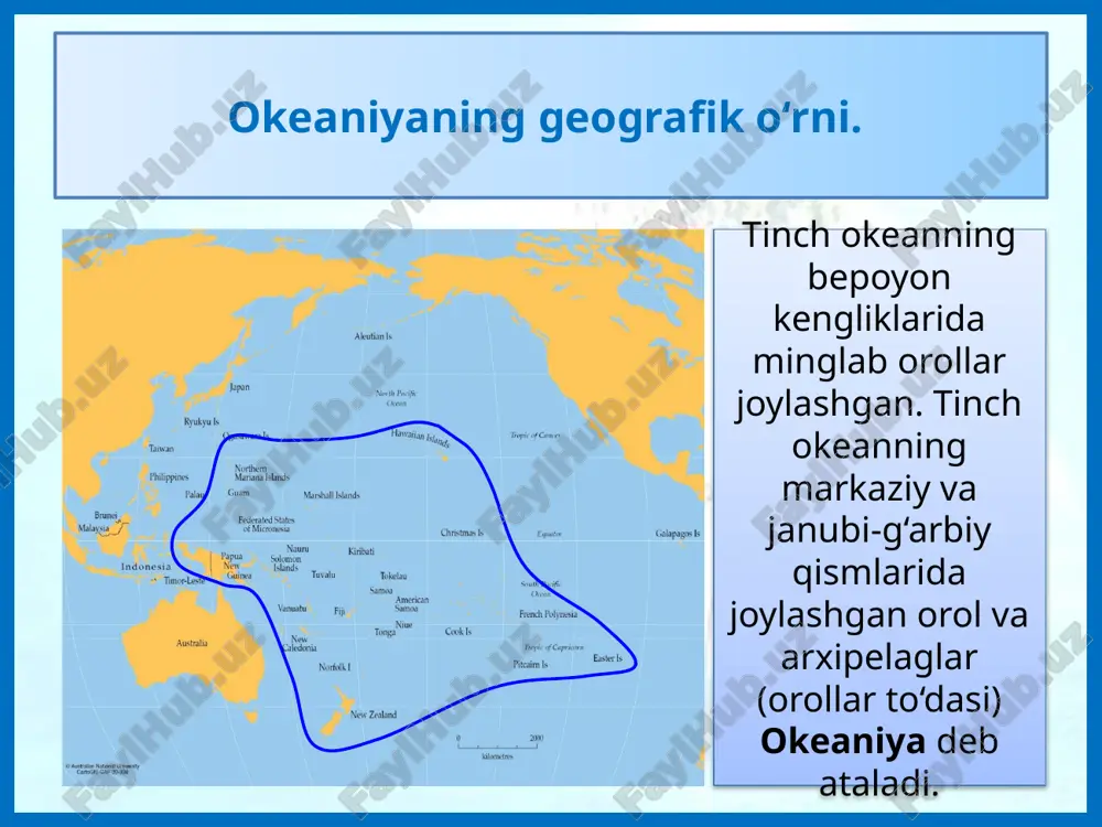 to‘plandi. shu asrning oxirida “chellenjer” ekspeditsiyasi (1873–1876) okeaniya orollari, aholisi haqida qiziqarli ma’lumotlar to‘pladi. okeaniya tabiati va aholisini o‘rganishda n. n. mikluxo-maklayning hissasi katta. u yangi gvineya orolining xalqlari hayoti va urf-odatlarini o‘rgangan. tropik dengiz sohillarining tabiiy geografik tasvirini yozib qoldirgan. mahalliy aholi — papuaslar bilan birga 12 yil yashab (1871–1882), ularning turmush tarzi haqida bebaho ma’lumotlarni to‘plagan. geologik tuzilishi, foydali qazilmalari, relyefi. orollarni geologik tarixi va qanday jinslardan tuzilganligiga ko‘ra bir necha guruhlarga bo‘lish mumkin. materik, vulqonli va geosinklinal orollar materik orollar – materiklarga yaqin, ularning bir qismi bo‘lib, o‘rtada suv bosish natijasida undan ajralib qolgan. vulqonli orollar – vulqon tog‘larini okean yuzasiga chiqib qolishidan hosil bo‘lgan orollar. geosinklinal orollar – tektonik plitalar to‘qnashgan joylarda, yer po‘sti bukiladi, orollar yoyi hosil bo‘ladi. materik orollari (yangi gvineya, yangi zelandiya), vulqonli orollar (gavayi, pasxa, tuamotu), geosinklinal orollar (mariana, yangi kaledoniya). 5 4 3 2 1 6 7 pasxa oroli gavayi orollari …