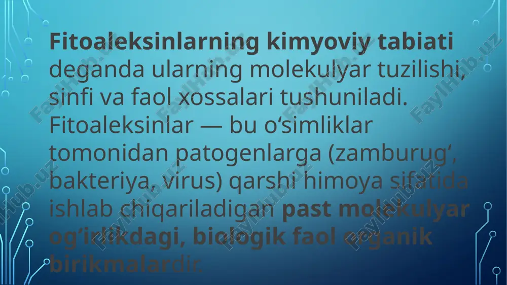 ir ko‘rsatadi: patogen hujayra devorini yoki metabolizmini buzadi. o‘simlik immunitetining bir qismi: tezkor va mahalliy javob beradi. tadqiqotlar va amaliy ahamiyati: fitoaleksinlar biologik pestitsidlar sifatida o‘rganilmoqda. genetik muhandislik orqali fitoaleksin ishlab chiqaruvchi o‘simliklar yaratilib, ularning kasalliklarga chidamliligi oshirilmoqda. masalan, rezveratrol (uzumda) nafaqat o‘simlikni himoya qiladi, balki inson sog‘lig‘i uchun ham foydali hisoblanadi (antioksidant). o‘simlik fitoaleksin sinfi patogen soya gletsin, fazeolin izoflavonoid zamburug‘lar tamaki kapsidiol terpenoid botrytis uzum rezveratrol stilbenoid plasmopara kartoshka rishitin terpenoid phytophthora loviya pizatin izoflavonoid bakteriyalar fitoaleksinlar kimyoviy jihatdan juda xilma-xil bo‘lib, ularning asosiy vazifasi — o‘simlikni patogenlardan himoya qilish. ular fenollar, terpenoidlar, alkaloidlar, va stilbenlar kabi sinflarga bo‘linadi va har biri o‘ziga xos biologik faollikka ega. xulosa: qiziqarli faktlar va ilmiy yangiliklar 1. fitoaleksinlar "o‘simlik antibiotiklari" deb ataladi ular bakteriya va zamburug‘lar hujayra devorini yemirib, ularni nobud qiladi — xuddi inson tanasidagi antibiotiklarga o‘xshab. 2. o‘simliklar "intelligent" javob beradi o‘simliklar patogen turini “tanish” deb bilganidan so‘ng, unga …
