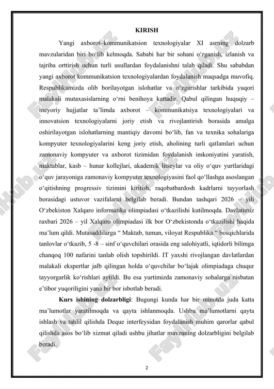 uqur tayyorgarlik ko‘rishlari aytildi. bu esa yurtimizda zamonaviy sohalarga nisbatan e’tibor yuqoriligini yana bir bor isbotlab beradi. kurs ishining dolzarbligi: bugungi kunda har bir minutda juda katta ma’lumotlar yaratilmoqda va qayta ishlanmoqda. ushbu ma’lumotlarni qayta ishlash va tahlil qilishda deque interfeysidan foydalanish muhim qarorlar qabul qilishda asos bo‘lib xizmat qiladi ushbu jihatlar mavzuning dolzarbligini belgilab beradi. kurs ishining maqsadi: java dasturlash tilida deque interfeysidan foydalanib dasturlar tuzish va bu bo‘yicha ko‘rsatmalar ishlab chiqish. kurs ishining vazifalari: deque interfeysiga doir nazariy masalalarini yoritish; java dasturlash tilida deque interfeysidan foydalanib dasturlar tuzish; kurs ishining tuzilishi: kurs ishi nundarija, kirish qismi, bob va paragraflar, xulosa, foydalanilgan adabiyotlar ro‘yxatidan iborat. i bob. dasturlash tili sintasksi va muhit,vositalarini sozash 1.1 dasturlash tili muhit va vositalarini sozlash dasturlash tili - bu kompyuter dasturlarini yozish uchun belgilar tizimi. dasturlash tillari sintaksisi va semantikasi nuqtai nazaridan tavsiflanadi, odatda rasmiy til bilan belgilanadi. tillar, odatda, bir turdagi tizim, o‘zgaruvchilar …