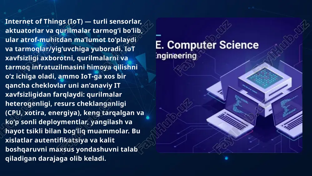 lari — ishlab chiqaruvchi tomonidan qo‘llab‑quvvatlanmaydigan eski qurilmalar xavfli bo‘ladi. autentifikatsiya yondashuvlari — texnik variantlar va bahosi parollar va statik credentiallar • soddaligi sababli keng tarqalgan — ammo eng kam xavfsiz. hardcoded yoki default credentiallar darhol hujumga olib keladi. (owasp yo‘nalishi). simmetrik kalitli autentifikatsiya (pre‑shared keys, mac) • engil va energiyaga tejamkor, lekin kalit tarqatish va o‘zgartirish muammosi (skala va revokatsiya). kichik birliklar uchun samarali. asimmetrik (pki) va ecc (elliptic curve) • pki kuchli xavfsizlik beradi — sertifikatlar, raqamli imzolar. ecc rsa ga nisbatan kichik kalit bilan yetarli darajada kuch beradi, shuning uchun iot uchun ko‘proq mos. biroq pki infrastrukturasini yaratish va sertifikatlarni boshqarish katta tizimlarda murakkab. hardware‑bazli himoya: secure element / tpm / puf • secure element / tpm: kalitlarni alohida xavfsiz chipda saqlash, fizik hujumlardan himoya. • puf (physically unclonable function): ishlab chiqarishdagi mikroskopik variatsiyalarga asoslangan noyob “fingerprint”; qurilmaga xos kalitlarni yaratish va saqlash uchun kam resursli, soxtalashtirilishi …