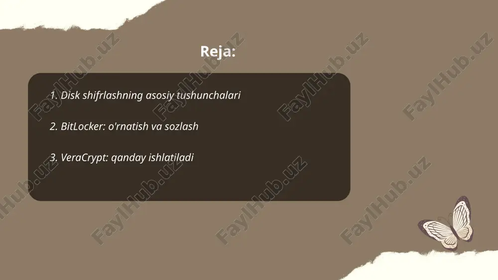anadi. ... t.me/slaydai_bot veracrypt — bu ochiq manbali shifrlash dasturi bo'lib, fayl yoki ma'lumotlar bo'lagini himoya qilish uchun qo'llaniladi. u truecrypt asosida yaratilgan va undan keyin ham xavfsizlikni oshirishda davom etgan. veracrypt diskni to'liq yoki qisman shifrlash imkonini beradi, shu jumladan butun operatsion tizimni. o'rnatishdan keyin, foydalanuvchi o’zining shifrlash kalitini belgilaydi va bu ma'lumotga ruxsatsiz kirishni oldini oladi. veracrypt aes, serpent, va twofish algoritmlarni qo'llab-quvvatlaydi, bu esa ma'lumotlar xavfsizligini ta'minlaydi. ko'p platformalarda ishlaydi, jumladan windows, macos va linux, va foydalanish uchun qulay interfeysga ega. ... t.me/slaydai_bot 4. shifrlash algoritmlari: aes va uning xavfsizligi aes (advanced encryption standard) — simmetrik shifrlash algoritmi, 1997-yilda joan daemen va vincent rijmen tomonidan ishlab chiqilgan. aes blok o'lchami 128 bit, kalit uzunligi 128, 192 yoki 256 bit bo'lishi mumkin. bu algoritmning mustahkamligi va samaradorligi uni global standartga aylantirdi. aes ning xavfsizligi asosan kalit uzunligiga asoslanadi, ya'ni kalit uzunligini oshirish bilan himoya kuchayadi. aes turli hujumlarga, …