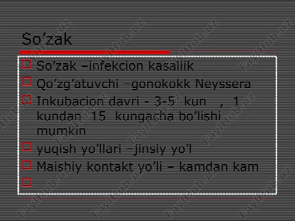 nideazol, flagil ,tinidazol va hok . immunostimulaciya vitaminoterapiya mahalliy davo hlamidioz qo’zgatuvchi – chlamidia trachomatis inkubacion davri - 1-3 hafta yuqish yo’llari – jinsiy yo’l kechishi o’tkir o’tkirosti surunkali kechuvchi klinika ,asoratlari jinsiy azolarning yalliglanishi uretradan ajrtamalar konyunktivit reyter kasalligi asoratlari bepushtlik bugimlarning surunkali yalliglanishi diagnostika bakterioskopik tekshiruv surtmani romanovskiy –gimze usulida buyash to’gri immunofluorescenciya usuli immun peroxidaz usuli bakterioskopik tekshiruv : ajratmalarni tovuq embrioni va hujayra kulturasida undirish usuli serologik immunofluorescenciya usuli polimeraz zanjirli reakciya ajratma yeki siydik tekshirilishi usuli davolash antibiotikoterapiya vitaminoterapiya immunostimulaciya mahalliy davo asoratlari epididimit cistit bepushtlik reyter kasalligi gardnerellez –bakterial vaginoz qo’zgatuvchi –gardnerella vaginalis mobiluncus yuqish yo’llari –jinsiy yo’l klinika -50 % ayollarda shikoyat yo’q quchli rivojlanganda –nohush kaymoqsimon ,yeqimsiz hidli ajrtamalar ,qichishish ,achishish diagnostika – « kalitli “hujayralar bakterioskopiyada ,10% kon tasirida yeqimsiz baliq isi , rn 4,5 yuqori qin ajratmasida davolash instrukciya buyicha asorati –bepushtlik mikoplazmoz qo’zgatuvchi –micoplasma hominis yuqish yo’llari –jinsiy yo’l …
