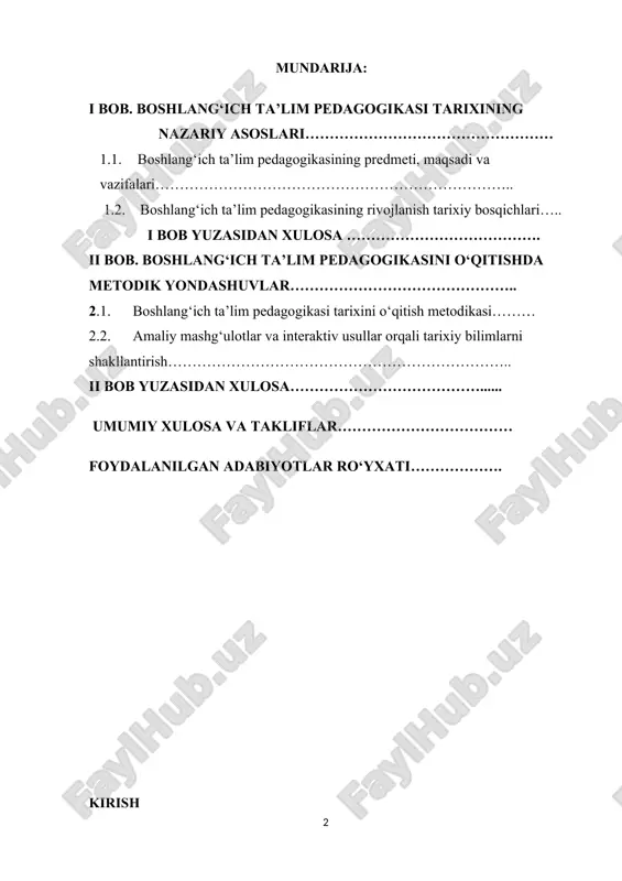 hisoblanadi. o‘zbekiston pedagogik fikr tarixida o‘ziga xos o‘rin tutgan jadidchilik harakati, xx asr pedagoglarining ilg‘or g‘oyalari, mustaqillikdan so‘nggi yillarda boshlangan yangi ta’lim strategiyalari boshlang‘ich ta’limni rivojlantirishda muhim rol o‘ynagan. demak, bu yo‘nalishda olib boriladigan tadqiqotlar orqali o‘tmishdagi ilg‘or g‘oyalarni hozirgi ta’lim jarayoniga uyg‘unlashtirish mumkin. shuningdek, bugungi kunda boshlang‘ich sinf o‘qituvchilarining kasbiy tayyorgarligini kuchaytirish, ularni tarixiy-pedagogik bilimlar bilan qurollantirish, dars jarayonida ilg‘or milliy va xorijiy tajribalardan foydalanish zarurati ortib bormoqda. shularning barchasi mazkur mavzuning nazariy va amaliy jihatdan dolzarb ekanligini ko‘rsatadi. kurs ishining obyekti: mazkur kurs ishining obyekti – boshlang‘ich ta’lim tizimi va uning pedagogik asoslarining shakllanishiga oid tarixiy jarayonlardir. kurs ishining predmetil: kurs ishining predmeti – boshlang‘ich ta’lim pedagogikasining tarixiy taraqqiyot bosqichlari, pedagogik g‘oyalarning shakllanishi va rivojlanishi, shuningdek, bu g‘oyalarning hozirgi ta’lim jarayoniga ta’siridir. kurs ishining maqsadi: ushbu kurs ishining asosiy maqsadi – boshlang‘ich ta’lim pedagogikasi tarixini ilmiy-nazariy asosda tahlil qilish, uning asosiy bosqichlarini yoritish hamda zamonaviy ta’limga ta’sirini aniqlashdan …
