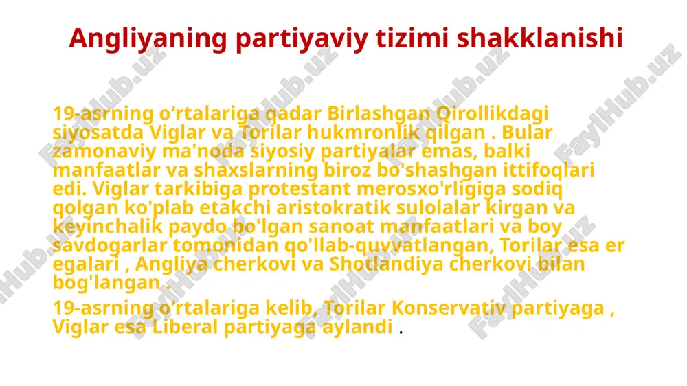 k siyosiy partiyalarining eng qadimgisi hisoblanadi. respublikachilar partiyasi rasman 1854 yilda tashkil topgan, ammo ikkala partiyaning tarixi bir-biri bilan uzviy bog'liq avstraliyaning partiyaviy tizimlari 1901 va 1910 yillar oralig'ida partiyaga sodiqlik keyinchalik paydo bo'lganidan ko'ra ko'proq suyuqlikka ega edi; hukumatlar ozchilik hukumatlari bo'lib, ular palatada tuzilgan va tuzatilmagan. 1910 yildan beri avstraliyada odatda ko'pchilik hukumatlar mavjud bo'lib, ular ostida avstraliya mehnat partiyasi yoki ishchi bo'lmagan partiyalar koalitsiyasi o'z lavozimini egallaydi. texnik jihatdan avstraliyada ikki partiyali tizim mavjud emas, chunki hozirda hukumat va muxolifatda 3 ta asosiy partiya ishtirok etadi. ulardan biri avstraliya liberal partiyasi va the nationals koalitsiyasi (sherikligi), ikkinchisi esa avstraliya mehnat partiyasi. image1.png image2.png image3.png image4.png image5.png image6.png image7.png /docprops/thumbnail.jpeg