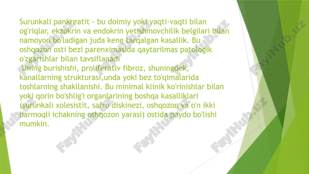 ning atrofidagi organlarning siqilishi tufayli og'riq, oshqozon va o'n ikki barmoqli ichakda oziq-ovqat harakatining buzilishiga olib kelishi mumkin. ba'zida oshqozon osti bezi boshidagi sklerotik jarayonlar o't yo'llari va oshqozon osti bezi kanalining siqilishiga o'xshash klinik ko'rinishga olib keladi. xuddi shunday ko'rinish oshqozon osti bezi boshining o'smalarida kuzatiladi, shuning uchun pankreatitning bu shakli psevdotumor deb ataladi. bunday hollarda safro chiqishi buzilishi obstruktiv sariqlikka olib kelishi mumkin. surunkali pankreatit fonida o'tkir pankreatit paydo bo'lishi mumkin, bu surunkali pankreatitning kuchayishi bilan teng emas. oshqozon-ichak traktining buzilishidan tashqari, surunkali pankreatit bilan og'rigan bemorlarda boshqa belgilar mavjud. 90% surunkali pankreatit bilan og'rigan bemorlarda mavjudligini tasdiqlovchi adabiy manbalar mavjud. polinevropatiyalar (periferik nervlarning funksional o'zgarishlari bilan bog'liq) holatlarining.[4] surunkali pankreatitni tashxislash uchun standart tekshiruvdan tashqari, oshqozon osti bezining ekzokrin funksiyasi ham muhimdir. buni koprogram yordamida aniqlash mumkin (najasdagi hazm bo'lmagan oziq-ovqat qoldiqlarini mikroskopik tahlil qilish). instrumental tadqiqotlar ham qo'llaniladi: qorin bo'shlig'i organlarining ultratovush tekshiruvi, qorin bo'shlig'i organlarining …