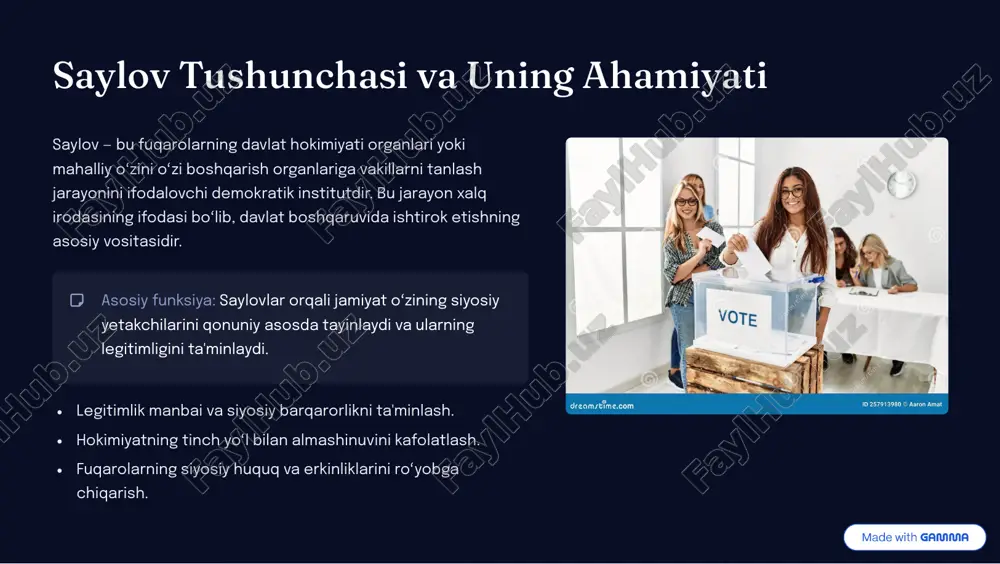 a de�okratik saylov tizi�i�i�g s�aklla�i��i: tarixiy jarayo�lar zamonaviy saylov tizimiga o»tish xviii asrdagi burjua inqiloblari va ma¾rifatparvarlik davri g»oyalari bilan bog»liq. bu jarayon uzoq va bosqichma-bosqich kechgan. buyuk i�qiloblar (xvii- xviii a�rlar) angliya, aqsh va fransiya inqiloblari "xalq suvereniteti" g»oyasini ilgari surdi. dastlabki saylov huquqi mulk senziga asoslangan edi, ya¾ni faqat boy erkaklar ovoz bera olgan. xix a�r: saylov huquqi�i�g ke�gayi��i sanoat inqilobi va ishchilar harakatlari natijasida mulk senzi bekor qilindi, saylov huquqi faqat erkaklarning barcha qatlamlariga (irqiy cheklovlar saqlanib qolgan holda) taqdim etila boshlandi. xx a�r: u�iver�al saylov huquqi bu davr ayollar va irqiy ozchiliklarning saylov huquqini qo»lga kiritishi bilan xarakterlanadi. saylov huquqi universal tus oldi, ya¾ni barcha voyaga yetgan fuqarolar uchun taqdim etildi. https://gamma.app/?utm_source=made-with-gamma saylov huquqi va u�i�g u�iver�alizat�iya�i universal saylov huquqi 4 bu har qanday farqlanish (jins, irq, din, mulk, ma¾lumot)dan qat¾i nazar, barcha voyaga yetgan fuqarolarning ovoz berish va saylanish huquqiga egaligini anglatuvchi demokratik tamoyildir. te�glik …