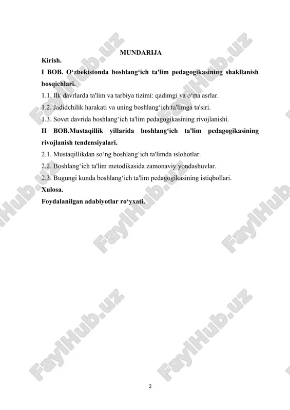 aviy metodikalarni boyitish uchun dolzarb ahamiyat kasb etadi. kurs ishining obyekti:o‘zbekistonda boshlang‘ich ta’lim tizimi va uning pedagogik rivojlanish jarayonlari. kurs ishining predmeti:boshlang‘ich ta’lim pedagogikasining shakllanishi, rivojlanish bosqichlari va asosiy xususiyatlari. kurs ishining maqsadi:o‘zbekistonda boshlang‘ich ta’lim pedagogikasining tarixiy rivojlanishini o‘rganish, uning asosiy bosqichlari, muhim shaxslar va g‘oyalarni tahlil qilish hamda zamonaviy ta’lim amaliyotiga ta’sirini ochib berish. kurs ishining vazifalari: · o‘zbekistonda boshlang‘ich ta’lim pedagogikasining rivojlanishiga ta’sir ko‘rsatgan tarixiy omillarni tahlil qilish; · boshlang‘ich ta’limning tarixiy bosqichlarini aniqlash va o‘zaro solishtirish; · boshlang‘ich ta’lim sohasidagi muhim islohotlar va ularning ahamiyatini ko‘rsatish; · o‘zbek pedagogik tafakkurining namoyondalari va ularning boshlang‘ich ta’lim rivojiga qo‘shgan hissasini yoritish; · tarixiy tajribalardan kelib chiqib, zamonaviy boshlang‘ich ta’lim jarayonini takomillashtirish bo‘yicha xulosalar berish.. kurs ishining tuzilishi:tadqiqotimiz kirish, uch bob, ettita paragraf, xulosa, foydalanilgan adabiyotlar ro‘yxati hamda ilovalardan iborat. i bob. o‘zbekistonda boshlang‘ich ta'lim pedagogikasining shakllanish bosqichlari 1.1. ilk davrlarda ta'lim va tarbiya tizimi: qadimgi va o‘rta asrlar. insoniyat …