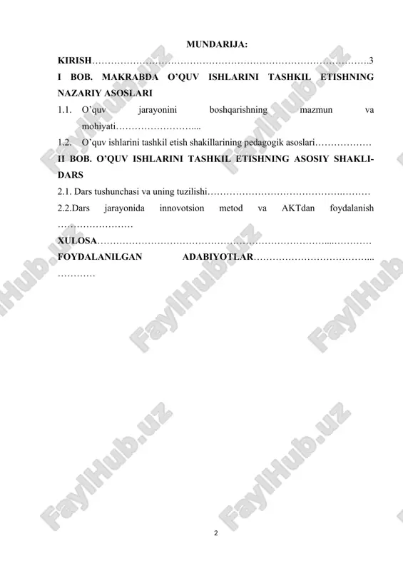 va boshqalar ham o‘quv ishlarining muhim bo‘g‘inlari bo‘lib, ular o‘quvchilarning qiziqishlarini rivojlantirishga xizmat qiladi. biroq, barcha o‘quv faoliyatining asosiy va markaziy shakli sifatida dars yetakchi o‘rinni egallab kelmoqda. zamonaviy taʼlim jarayoni darsni faqatgina bilim berish vositasi sifatida emas, balki shaxsiy yondashuv asosida har bir oʻquvchining individual imkoniyatlarini roʻyobga chiqarish vositasi sifatida ham koʻradi. zamonaviy darsni tashkil etishda innovatsion pedagogik texnologiyalarning qo‘llanilishi, o‘quvchilarning faolligini oshirish va individual yondashuvni ta’minlash bugungi ta’limning ustuvor yo‘nalishlaridandir. shu nuqtai nazardan, maktabda oʻquv ishlarini tashkil qilishning asosiy shakllarini ilmiy-pedagogik jihatdan tahlil qilish va ularni takomillashtirish bugungi kunda dolzarb masala hisoblanadi. mazkur mavzuni o‘rganish orqali zamonaviy ta’lim talablariga mos holda o‘quv ishlarini qanday tashkil etish, darsni qanday samarali olib borish mumkinligini tahlil qilish, ilg‘or tajribalarni umumlashtirish va amaliyotga tadbiq etish imkoniyati yaratiladi. shu sababli, ushbu mavzu nafaqat nazariy, balki amaliy jihatdan ham dolzarb bo‘lib, bugungi o‘qituvchining kasbiy faoliyatida muhim o‘rin tutadi. kurs ishining ob’ekti: umumiy oʻrta taʼlim …