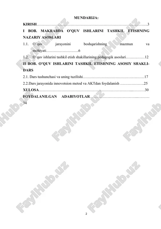 hlar va boshqalar ham o‘quv ishlarining muhim bo‘g‘inlari bo‘lib, ular o‘quvchilarning qiziqishlarini rivojlantirishga xizmat qiladi. biroq, barcha o‘quv faoliyatining asosiy va markaziy shakli sifatida dars yetakchi o‘rinni egallab kelmoqda. zamonaviy taʼlim jarayoni darsni faqatgina bilim berish vositasi sifatida emas, balki shaxsiy yondashuv asosida har bir oʻquvchining individual imkoniyatlarini roʻyobga chiqarish vositasi sifatida ham koʻradi. zamonaviy darsni tashkil etishda innovatsion pedagogik texnologiyalarning qo‘llanilishi, o‘quvchilarning faolligini oshirish va individual yondashuvni ta’minlash bugungi ta’limning ustuvor yo‘nalishlaridandir. shu nuqtai nazardan, maktabda oʻquv ishlarini tashkil qilishning asosiy shakllarini ilmiy-pedagogik jihatdan tahlil qilish va ularni takomillashtirish bugungi kunda dolzarb masala hisoblanadi. mazkur mavzuni o‘rganish orqali zamonaviy ta’lim talablariga mos holda o‘quv ishlarini qanday tashkil etish, darsni qanday samarali olib borish mumkinligini tahlil qilish, ilg‘or tajribalarni umumlashtirish va amaliyotga tadbiq etish imkoniyati yaratiladi. shu sababli, ushbu mavzu nafaqat nazariy, balki amaliy jihatdan ham dolzarb bo‘lib, bugungi o‘qituvchining kasbiy faoliyatida muhim o‘rin tutadi. kurs ishining ob’ekti: umumiy oʻrta …