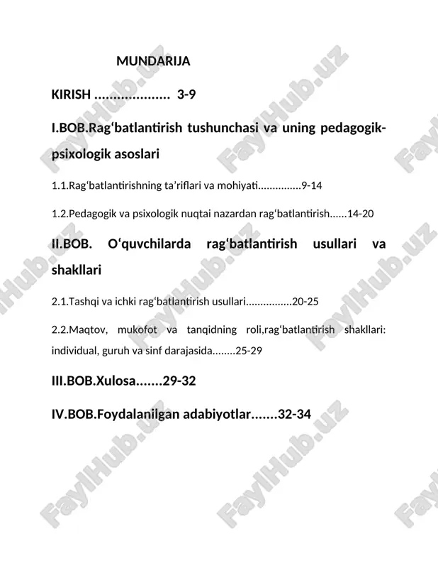 tatbiq etish nafaqat ta’lim jarayonining samaradorligini oshiradi, balki kelajakda o‘quvchilarning jamiyatdagi muvaffaqiyatli shaxslar bo‘lib yetishishiga xizmat qiladi. shu sababli ushbu mavzu ilmiy va amaliy jihatdan dolzarb bo‘lib, ta’lim sohasida olib borilayotgan izlanishlar va islohotlarda o‘ziga xos o‘rin tutadi. kurs ishining maqsadi ushbu kurs ishining maqsadi — boshlang‘ich sinf o‘quvchilarini qo‘llab-quvvatlash va rag‘batlantirish usullarini tizimli o‘rganish, ularning ta’lim jarayonidagi samaradorligini aniqlash hamda amaliyotga joriy etish imkoniyatlarini tadqiq etishdir.shuningdek, o‘quvchilarning motivatsiyasini oshirish, o‘quv faoliyatidagi faollik va qiziqishni kuchaytirish uchun samarali pedagogik usullarni aniqlash va tavsiyalar ishlab chiqish ham asosiy maqsadlar qatoriga kiradi. bu orqali ta’lim jarayonida individual yondashuvni kuchaytirish va o‘quvchilarning ijtimoiy-psixologik rivojlanishiga ijobiy ta’sir ko‘rsatish maqsad qilinadi. kurs ishining vazifalari: 1. boshlang‘ich sinf o‘quvchilarini qo‘llab-quvvatlash va rag‘batlantirish tushunchalarini aniqlash va tahlil qilish. 2. o‘quvchilarning ta’lim jarayonidagi motivatsiyasini oshirishda qo‘llaniladigan pedagogik usullarni o‘rganish. 3. rag‘batlantirishning turli shakllari va usullarini tasniflash va ularning samaradorligini tahlil qilish. 4. ta’lim jarayonida o‘quvchilarning individual xususiyatlarini hisobga …