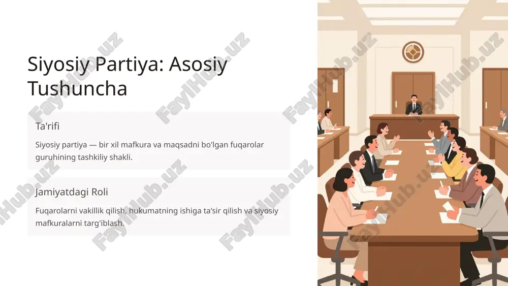 ada emas, balki keng saylovchi bazasini jalb qilishga e'tibor bering. flexible mafkura turli demografikalar uchun xabars o'zgartiradi. keng auditoriya chap-oʻngdan shuhudat tortab, oʻrta fuqarolarni maqsad qiladi. marketing yondashuvi saylovchilar o'rganish, public relations va reklamaga tayanadi. misollar: demokratlar/respublikachilar (aqsh), cdu (germaniya) 7 siyosiy partiya turlari: taqqoslash mezoni kadrlar ommaviy ommaviy-b. a'zolik soni kichik juda katta oʻrta/katta mafkura qat'i mustahkam moslashuvchan tashkilot elita byurokratik samarali fokus siyosat ideologiya saylovchilar 8 zamonaviy tendensiyalar catch-all modelin ko'tarilishi siyosiy spektrumning kengayishi, saylovchilar o'zgaruvchiligi. digitalizatsiya social media, internet targ'iboti, virtual jamiyatlar yangi yo'l ochdi. o'zaro partiyalik koalisyonlar va birgalikda qo'llash klassik partiya tuzilmasini o'zgartiryapti. siyosiy polarizatsiya umumiy qadriyatlar sehraymasligining ortishi, orasida chikka gap qilinmoqda. 9 xulosa: partiya turlari qayta tashkil topmoqda kadrlar partiyalari demokratik qarama-qarshilik ortmay tulduring. ommaviy partiyalar xx asr yarmida kuchining cho'qqisiga yetdi. zamonaviy siyosatni esa catch-all model — moslashuvchan mafkura, keng saylovchi bazasi va marketing yondashuvi bilan — belgilaydi. eslab olish kerak hech …