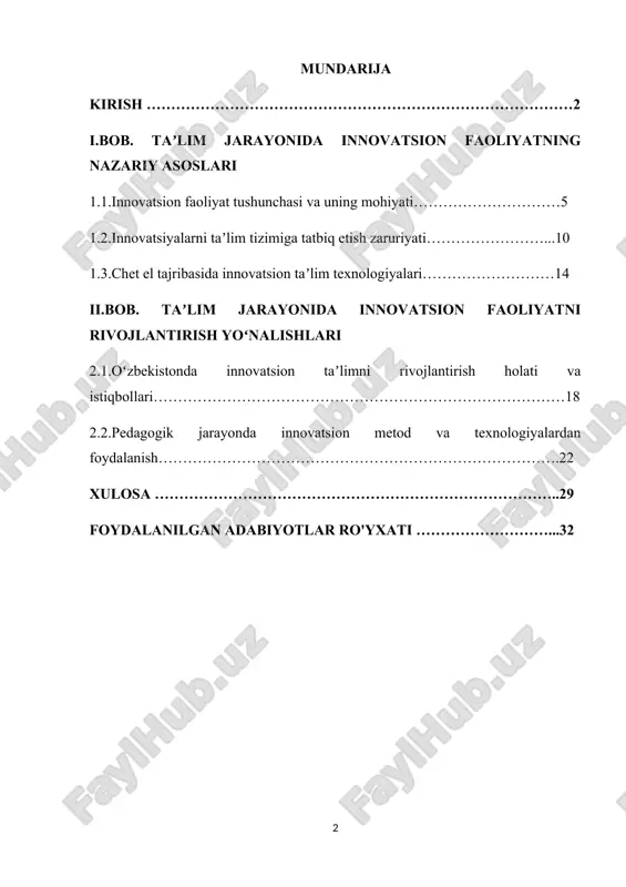 a pedagogik faoliyatda innovatsion yondashuvlarni qo‘llash, o‘qitishning ilg‘or shakllari va usullarini ishlab chiqish hamda ularni amaliyotga tatbiq etish taʼlim sohasidagi eng dolzarb masalalardan biri bo‘lib qolmoqda.[footnoteref:2] [2: 1.mirziyoev sh. m. erkin va farovon, demokratik o‘zbekiston davlatini birgalikda barpo etamiz.o‘zbekiston respublikasi prezidenti lavozimiga kirishish tantanali marosimiga bag‘ishlangan oliy majlis palatalarining qo‘shma majlisidagi nutq /sh.m.mirziyoev. – toshkent] mavzuning dolzarbligi shundan iboratki, jamiyat taraqqiyoti uchun asos bo‘luvchi taʼlim sohasi doimiy izlanish, yangilikka intilish va innovatsion yondashuvlarni talab etadi. ilg‘or davlatlar tajribasi shuni ko‘rsatmoqdaki, faqatgina zamonaviy, kreativ fikrlovchi va raqamli texnologiyalardan foydalanishga qodir yoshlar jamiyatni oldinga sura oladi. shu sababli, taʼlimda innovatsion faoliyatni rivojlantirish, o‘qitishning interfaol uslublari, muammoli o‘qitish, axborot-kommunikatsiya texnologiyalaridan foydalanish o‘ta muhim ahamiyat kasb etadi. ushbu kurs ishining asosiy maqsadi – taʼlim tizimida innovatsion faoliyatning nazariy va amaliy asoslarini yoritish, uni rivojlantirish yo‘llarini ko‘rsatish hamda mavjud holatni chuqur tahlil qilishdan iborat. kurs ishi quyidagi vazifalarni o‘z ichiga oladi: -innovatsion faoliyat tushunchasi va …