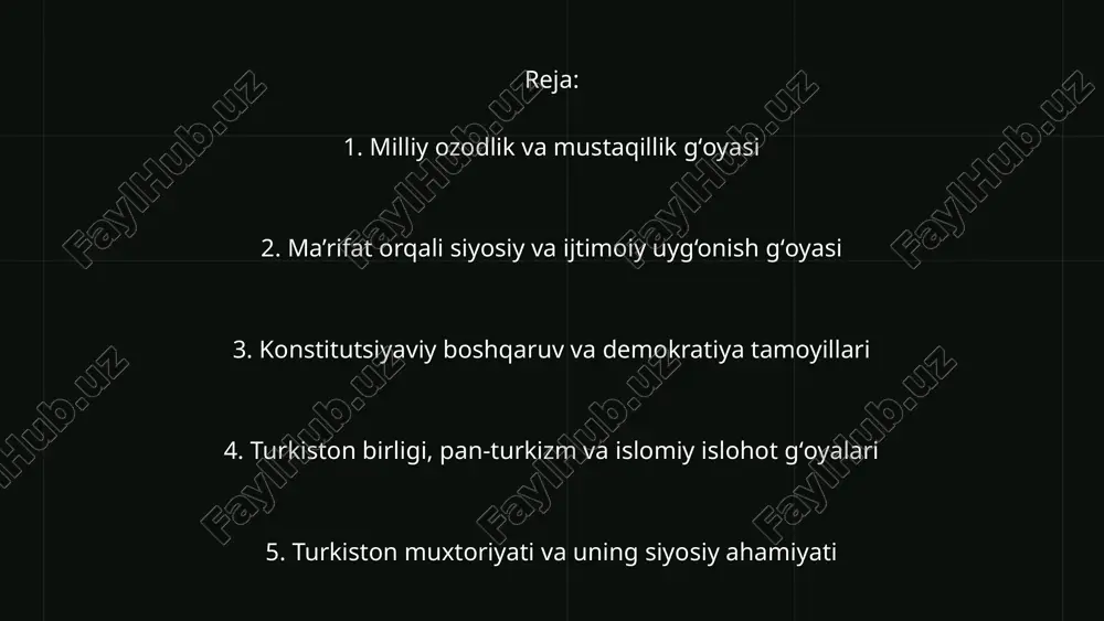 -atvorini o‘zgartirmasdan haqiqiy siyosiy erkinlik va ijtimoiy islohotlarga erishib bo‘lmaydi. xalqning savodxonligini, ilmiy va ijtimoiy xabardorligini oshirish. anʼanaviy va konservativ ijtimoiy qoidalarni tanqid qilish va zamonaviy hayot talablariga moslashtirish. jamoatchilikda siyosiy ong va milliy g‘oyalarni tarqatish — shuning uchun fuqarolik faolligini oshirish. ayollar taʼlimi va ijtimoiy ishtirokini rivojlantirish. ma’rifat orqali siyosiy va ijtimoiy uyg‘onish gʻoyasi konstitutsiyaviy boshqaruv va demokratiya tamoyillari jadidchilik harakatining muhim siyosiy gʻoyalaridan biri — konstitutsiyaviy boshqaruv va demokratiya tamoyillarini turkiston hayotiga tatbiq etish edi. jadidlar fikricha, xalqning erkinligi va farovonligi faqat adolatli qonunlar, xalq vakillari ishtirok etadigan boshqaruv va fuqarolarning teng huquqlari orqali ta’minlanadi. ular o‘sha davrda dunyoda shakllanayotgan demokratik boshqaruv tizimlaridan — xususan, usmonli imperiyasidagi konstitutsiyaviy islohotlar va yevropa parlament tizimlaridan ilhom olganlar. turkiston xalqlari manfaatlarini ifodalaydigan vakillik organlarini (parlament, kengash, majlis) tashkil etish. 2. qonun ustuvorligini ta’minlab, har qanday hokimiyat xalq manfaatiga bo‘ysunadigan tizimni yaratish. 3. fuqarolik erkinliklari — so‘z, matbuot, e’tiqod, uyushish va fikr …