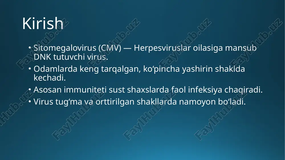 iya o‘choqlari. mikroskopik ko‘rinish “boyqush ko‘zi” inkluziyali gigant hujayralar. parenxima organlarida diffuz limfotsitar infiltratsiya. nekrotik o‘choqlar atrofida fibroblastlar ko‘payishi. qon tomirlar endoteliyasi shishgan. asoratlari immunitet sust odamlarda: pnevmoniya, gepatit, retinit, ensefalit. yangi tug‘ilganlarda: aqliy zaiflik, karlik, jigar yetishmovchiligi. sitomegalovirus, odatda, normal immun tizimiga ega bo‘lgan kattalar uchun xavf tug‘dirmaydi. ko‘pchilik odamlarda infeksiya simptomsiz o‘tadi yoki shamollashga o‘xshash kuchsiz belgilar bilan namoyon bo‘ladi. biroq, immunitet zaif bo‘lgan odamlar (masalan, oiv bilan kasallanganlar, organlar transplantatsiyasidan keyin yoki immunodepressantlarni qabul qilayotganlar) uchun sitomegalovirus ichki a’zolarning shikastlanishi kabi jiddiy asoratlarni keltirib chiqarishi mumkin. diagnostika sitologik tahlil: “boyqush ko‘zi” hujayralari. serologik testlar: cmv igm, igg. pcr – virus dnk sini aniqlash. biopsiyada intranuklear inkluziyalar mavjudligi. davolash antivirus preparatlar: gansiklovir, valgansiklovir, foskarnet. immunitetni mustahkamlash (immunoglobulinlar). homiladorlarda profilaktika: gigiena va tibbiy nazorat. sitomegalovirus sayyoramiz aholisining katta qismini zararlaydi va aksariyat hollarda virus organizmda yashirin shaklda mavjud bo‘lib, sog‘liq uchun muammo tug‘dirmaydi. u faqat immun tizimi zaiflashganda faollashadi, …