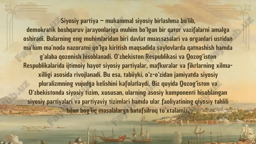 ashtirdi”8 . olimning fikr-mulohazalariga qo‘shilgan holatda shuni ta’kidlash joizki, yakka mafkura asoslangan kommunistik partiyada voz kechilgan bo‘lsada, yangi tuzilgan demokratik tamoyillarga asoslangan partiyalar tarkibida hali ham kommunistik tizimda ishlagan va shu tizimni qo‘llovchi shaxslarning bo‘lishi o‘tish davri partiya rivojlanishiga to‘siq bo‘lgan edi. qozog‘iston respublikasida jamoat birlashmalari ancha ko‘p va faol, biroq ular orasida siyosiy partiyalarni huquqiy tartibga solishga alohida e’tibor beriladi. mazkur partiyalar huquqiy maqomining asoslari o‘zbekistondagi kabi konstitutsiyada belgilab qo‘yilgan, siyosiy partiyalar to‘g‘risida, siyosiy partiyalarni moliyalashtirish to‘g‘risidagi qonunlarning mavjudligi va ularning ijrosi o‘zbekiston siyosiy partiyalari nisbatan huquqiy jihatdan mustahkamlangan. qozog‘iston qonunchiligiga ko‘ra, siyosiy partiyalar bu – davlat hokimiyati vakillik va ijroiya organlarida, mahalliy o‘zini o‘zi boshqarish organlarida fuqarolar va turli ijtimoiy guruhlar manfaatlarini ifoda etish hamda ularning siyosiy irodasini ifodalash maqsadida qozog‘iston respublikasi fuqarolarining ixtiyoriy birlashmasi o‘zbekistondan ham, qozog‘istonda ham mintaqaviy partiyalar mavjud emas. qonunchilik bilan tartibga solingan ikki davlatda ham ma’lum ma’muriy hududiy birlikni mamfaatlarini himoya qiluvchi partiyalar …