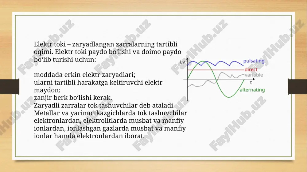ing ishi nima elektr zaryadining harakati elektr toki sifatida tanilgan, uning intensivligi odatda amperlarda oʻlchanadi. oqim har qanday harakatlanuvchi zaryadlangan zarralardan iborat boʻlishi mumkin; koʻpincha bu elektronlar, ammo harakatdagi har qanday zaryad oqimni tashkil qiladi. elektr toki baʼzi narsalar, elektr oʻtkazgichlar orqali oʻtishi mumkin, lekin elektr izolyatoridan oʻtmaydi. tarixiy konvensiyaga koʻra, ijobiy oqim oʻz ichiga olgan har qanday musbat zaryad bilan bir xil oqim yoʻnalishiga ega yoki kontaktlarning zanglashiga olib keladigan eng ijobiy qismidan eng salbiy qismiga oʻtish deb taʼriflanadi. shu tarzda belgilangan oqim anʼanaviy oqim deb ataladi. salbiy zaryadlangan elektronlarning an atrofida harakatlanishi elektr davri, oqimning eng tanish shakllaridan biri, shuning uchun elektronlarga teskari yoʻnalishda ijobiy hisoblanadi. biroq, sharoitga qarab, elektr toki har ikki yoʻnalishda yoki hatto bir vaqtning oʻzida ikkala yoʻnalishda ham zaryadlangan zarralar oqimidan iborat boʻlishi mumkin. ushbu vaziyatni soddalashtirish uchun ijobiy-salbiy konventsiya keng qoʻllanadi. elektr tokining materialdan oʻtishi jarayoni elektr oʻtkazuvchanligi deb ataladi va uning tabiati …