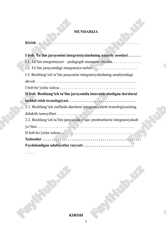 adigan, ayni zamonda shaxsiy manfaatlarini mamlakat va xalq manfaatlari bilan uyg‘un holda ko‘radigan erkin, har jihatdan barkamol insonlarni tarbiyalashimiz kerak “ , - deb ta’kidlagan edi. “xalqimizning ma’naviy boyliklarini, jahon sivilizatsiyasining eng yaxshi yutuqlarini o‘zida mujassamlashtirgan yangi avlodni shakllantirish bugunning eng muhim vazifasidir” degan fikri muhim ahamiyat kasb etadi. mazkur masalaning dolzarbligi o‘quvchilarning ijodiy fikrlashlari, ularning bilim egallashdagi faolliklarida yaqqol namoyon bo‘ladi. boshlang‘ich sinflarda o‘quv jarayoni foydalanilayotgan usul, uslub va shakllarining turli- tumanligi bilan ajralib turadi. ta’lim amaliyoti ko‘rsatishicha, maktab ta’limida fanlararo aloqadorlikni yo‘lga qo‘yish fan va jamiyat hayotida bugungi kunda sodir bo‘layotgan integratsion jarayonlarning yorqin ifodasidir. ushbu aloqadorlik o‘quvchilarning bilimlarni ongli o‘zlashtirishi, dunyo haqidagi yaxlit tasavvurlarini rivojlantirish va amaliy va ilmiy-metodik tayyorgarligini oshirishda muhim o‘rinni egallaydi. bunday tayyorgarlik umumiy o‘rta ta’lim bitiruvchilarini darsda va darsdan tashqari mashg‘ulotlarda, ishlab chiqarishda va umuman har qanday faoliyatda o‘zlashtirgan bilim, ko‘nikma va malakalarini erkin qo‘llash imkoniyatini beradi. ta’lim yosh avlodni mutsaqil hayotga tayyorlashning …