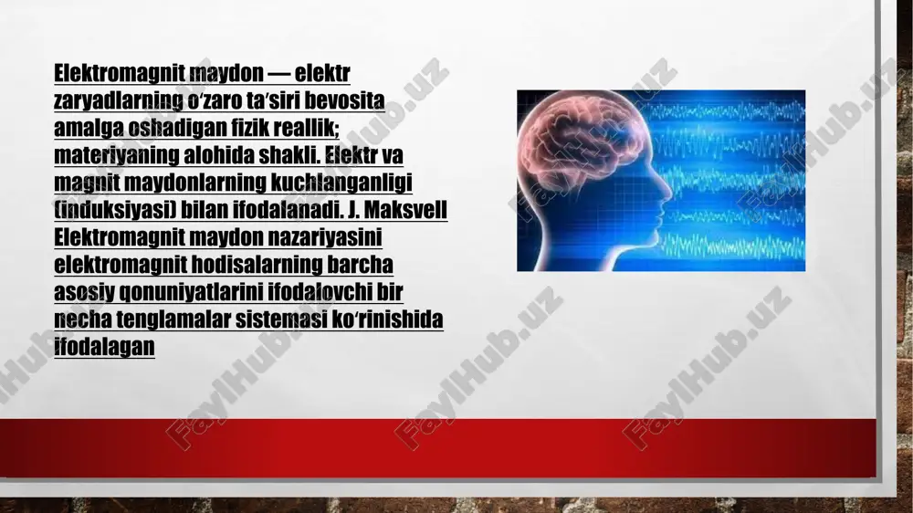 manbalar asosida yuzaga keladi. shuningdek, sun’iy yo‘ldosh orqali signal qabul qiluvchi antennalar ham elektromagnit maydon hosil qiluvchi manbalar ro‘yxati tarkibiga kiritiladi. amalga oshirilgan tadqiqotlarda bu sistema elektromagnit maydoni organizmda immun sistemasi funksiyasi buzilishiga olib kelishi, xotira buzilishi, ko‘payish organlari funksiyasi buzilishga olib kelishi mumkinligi tasdiqlangan. yuqori kuchlanishli elektr tarmoqlari, uyali telefon aloqa stansiyalari antennalari, radioaloqa antennalari, maishiy turmushda ishlatiluvchi elektr qurilmalar va asbob-uskunalar hosil qiluvchi elektromagnit nurlanish odam organizmiga salbiy ta’sir ko‘rsatishi tasdiqlangan. elektromagnit nurlanish qiymati 900 - 1800 mgsni tashkil qiluvchi uyali telefon operator stansiyasi antennalari uchun ruxsat etilgan normativ qiymatlar turli xil davlatlarda o ‘zaro farqlanadi. masalan, bu qiymat aqsh da 100 mkv/sm2 ni tashkil qilsa, rossiya miqyosida 10 mkv/sm2, ukrainada esa - 2,5 mkvt/sm2 belgilangan. o‘z atrofida magnit maydonni uzoq vaqt uo‘qotmaudigan jismlarni doimiu magnit yoki oddiugina magnit deb ataymiz. to‘g‘ri shakldagi magnitni mayda temir bo‘lakchalariga yaqinlashtiraylik. bunda temir bo‘lakchalari magnitning faqat ikki uchiga yopishganligiga guvoh bo‘lamiz. …