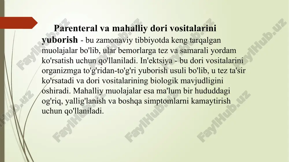 sini tortish: shpritsga kerakli miqdorda dori vositasini tortib oling. shpritsda havo qolmasligiga e'tibor bering. in'ektsiya qilish qoidalari - ignani kiritish va dorini yuborish: ignani to'g'ri burchak ostida kiritish: in'ektsiya turiga qarab ignani teri ostiga, mushak ichiga yoki vena ichiga to'g'ri burchak ostida kiriting. dorini asta-sekin yuborish: dorini shpritsdan asta-sekin chiqaring. bu og'riq va noqulaylikni kamaytirishga yordam beradi. in'ektsiya bilan bog'liq asoratlar: in'ektsiya jarayonida quyidagi asoratlar yuzaga kelishi mumkin: gematoma: in'ektsiya joyida qon to'planishi, ko'karish va shish bilan namoyon bo'ladi. ignani qon tomirga noto'g'ri kiritish yoki ignani chiqargandan so'ng in'ektsiya joyini yaxshi bosmaslik natijasida yuzaga kelishi mumkin. infektsiya: in'ektsiya joyining bakteriyalar bilan infeksiyalanishi, qizarish, shish, og'riq va yiringlash bilan namoyon bo'ladi. steril qoidalarga rioya qilmaslik natijasida yuzaga kelishi mumkin. allergik reaksiya: dori vositasiga allergik reaksiya, teri toshmalari, qichishish, shish, nafas olishning qiyinlashishi va hatto anafilaktik shok bilan namoyon bo'ladi. dori vositasini yuborishdan oldin allergiya testini o'tkazish muhimdir. nerv shikastlanishi: notog'ri texnika …