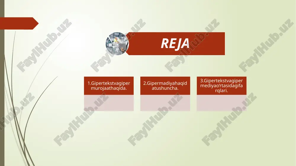 ishga to`g`ri kelganda juda qo`l keladi. masalan, veb sayt bir serverdan ikkinchisiga ko`chirilganda faqat uning bosh sahifasiga murojaat o`zgaradi. boshqa sahifalarni bosh sahifaga nisbatan joylashishi o`zgarmaydi va bu sahifalarni chaqirish uchun ishlatiladigan nisbiy gipermurojaatlarni o`zgartirmasa ham bo`ladi. turli veb serverlar orasidagi bog`lanishlarda mutloq gipermurojaatlardan foydalaniladi. bunday bog`lanishlar veb sayt yaratilayotgan paytda nazorat qilinmaydi va ular tayyor veb saytlar orasida ishlatiladi. mutloq gipermurojaatlarda “o`lik” bog`lanishlar, yani ishlamaydigan bog`lanishlar paydo bo`lishi mumkin. masalan, sizning saytingizdan murojaat qiladigan boshqa sayt sizga ma&amp;apos;lum qilinmasdan boshqa joyga ko`chirilishi mumkin va bu “o`lik” bog`lanish paydo bo`lishiga olib keladi. gipermedia atamasi ted nelson tomonidan 1965 yilda oʻzining “kompleks axborotni qayta ishlash: kompleks uchun fayl tuzilishi, oʻzgaruvchan va noaniq” asarida kiritilgan. eʼtiboringiz uchun raxmat. image4.jpeg image5.jpeg