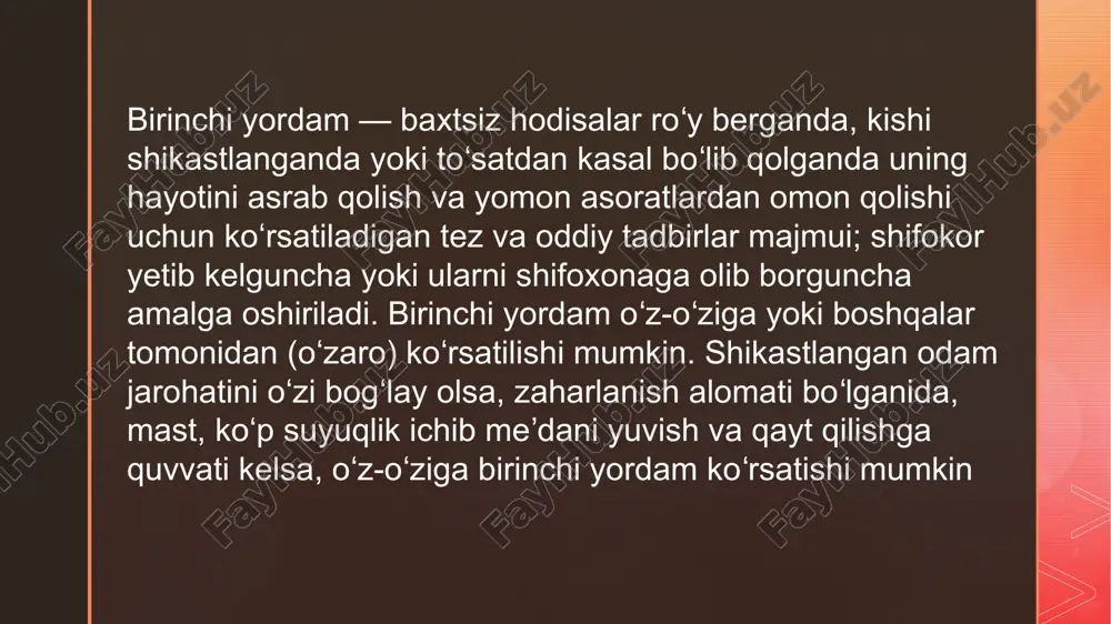 etkazish. odam toʻsatdan betob boʻlib qolganida, turli xil baxtsiz hodisalar roʻy berganida, albatta tez yordam chaqirish, noiloj qolgan hollarda duch kelgan transportda davolash muassasasiga olib borish zarur. suyak chiqishi — suyak boʻgʻim uchlarining boʻgʻimdan tashqariga siljishi. suyak boʻgʻimdan toʻliq yoki qisman chiqadi. kelib chiqish sabablariga koʻra . travmatik, odatiy, tugʻma va patologik turlarga boʻlinadi. travmatik suyak chiqishi aksariyat hollarda boʻgʻimni tashkil qiluvchi distal suyakka bilvosita qattiq itaruvchi yoki tortuvchi kuch taʼsir etganda va boʻgʻimda keskin harakat qilish oqibatida roʻy beradi. odam tanasida eng koʻp sch. (barcha chiqishlarning 50%) yelka boʻgʻimida uchraydi. deyarli hamma hollarda suyak chiqqanda boʻgʻim kapsulasi yoriladi va atrof toʻqimalarga ichki qon quyiladi. chiqqan suyak boshchasi atrofdagi yirik qon tomirlari va nerv tolalarini ezib qoʻyishi mumkin. travmatik suyak chiqishida birinchi yordam — qoʻl yoki oyoqni roʻmol bilan bogʻlash yoki taxtakachlash, ogʻriq qoldiruvchi dori berish va travmatologga murojaat etish. mutaxassis boʻlmagan odamning suyakni joyiga solishga urinishi ogʻir asoratlarga olib …