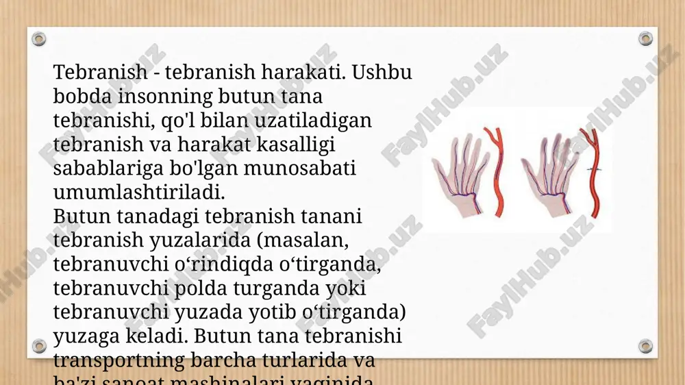 'lchovi bilan ifodalanadi, odatda ildiz o'rtacha kvadrat qiymati (m / s2 rms). yagona chastotali (sinusoidal) harakat uchun rms qiymati √2 ga bo'lingan eng yuqori qiymatdir. sinusoidal harakat uchun tezlanish, a (m/s da2), chastotadan hisoblash mumkin, f (sekundiga aylanishlarda) va siljish, d (metrda): a=(2pf)2d insonning tebranishga bo'lgan munosabati tebranish ta'sirining umumiy davomiyligiga bog'liq. agar tebranishning xarakteristikalari vaqt o'tishi bilan o'zgarmasa, o'rtacha kvadrat tebranish o'rtacha tebranish kattaligining qulay o'lchovini ta'minlaydi. ehm davomiyligini baholash uchun sekundomer yetarli bo'lishi mumkin. o'rtacha kattalik va umumiy davomiylikning zo'ravonligi quyidagi maqolalardagi standartlarga asoslanib baholanishi mumkin. insonning tebranishga bo'lgan munosabati tebranish chastotasiga qarab o'zgarganligi sababli, o'lchangan tebranishning har bir chastotada qancha tebranish sodir bo'lishiga qarab tortish kerak. chastota og'irliklari tebranish har bir chastotada istalmagan ta'sirni keltirib chiqarish darajasini aks ettiradi. har bir tebranish o'qi uchun og'irliklar talab qilinadi. butun tana tebranishi, qo'l bilan uzatiladigan tebranish va harakat kasalligi uchun turli chastotali og'irliklar talab qilinadi. vibratsiya kasalligi – kasb …